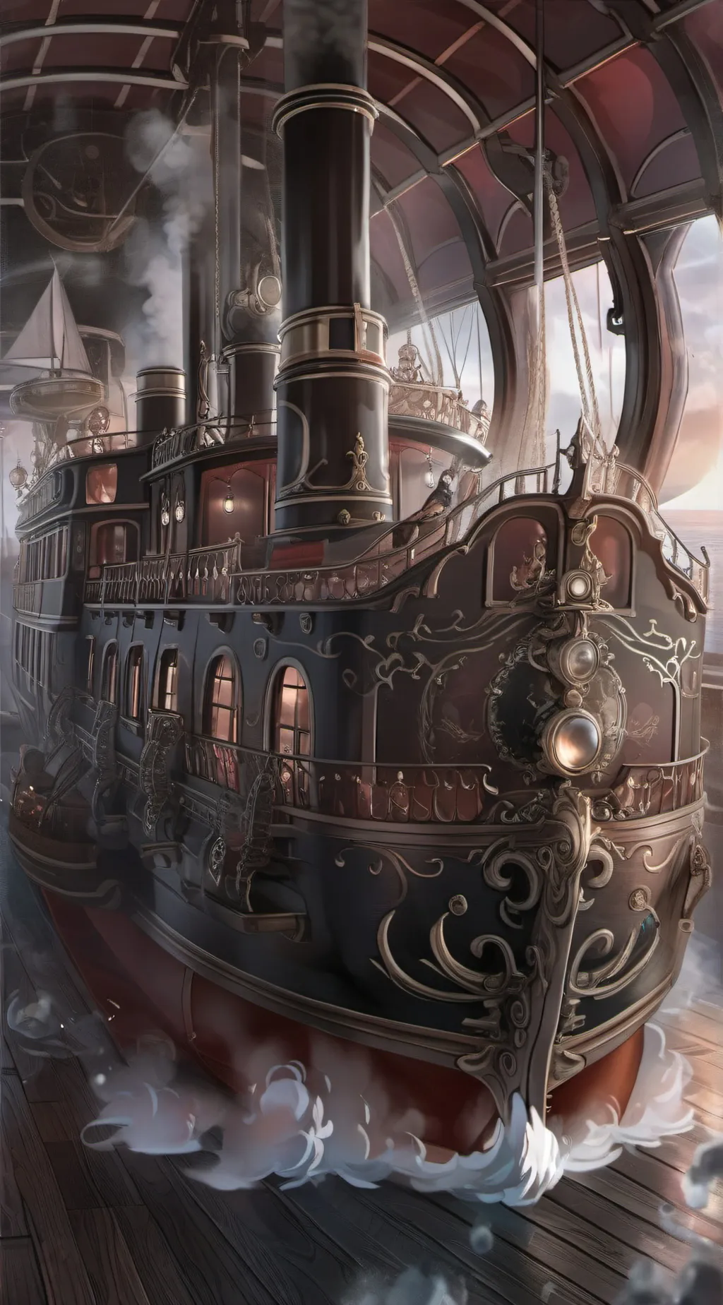 ai character: old steam ship background