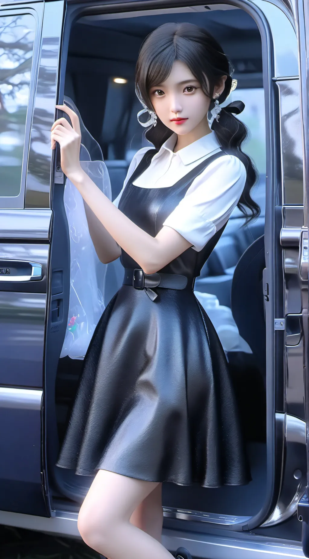 ai character: lady in black van background