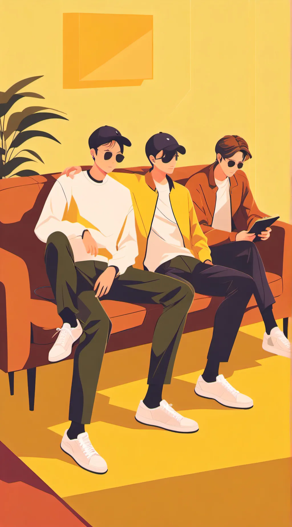 ai character: Three guys on sofa background
