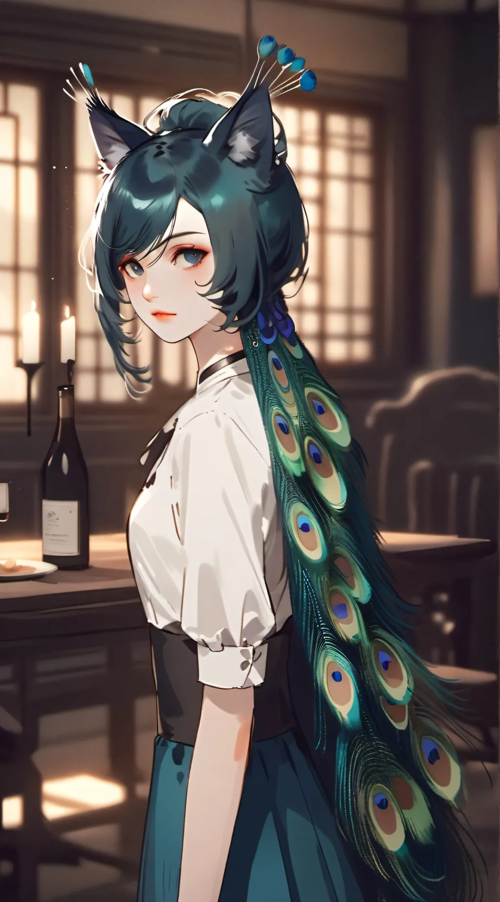 ai character: Peacock Feather Feline background