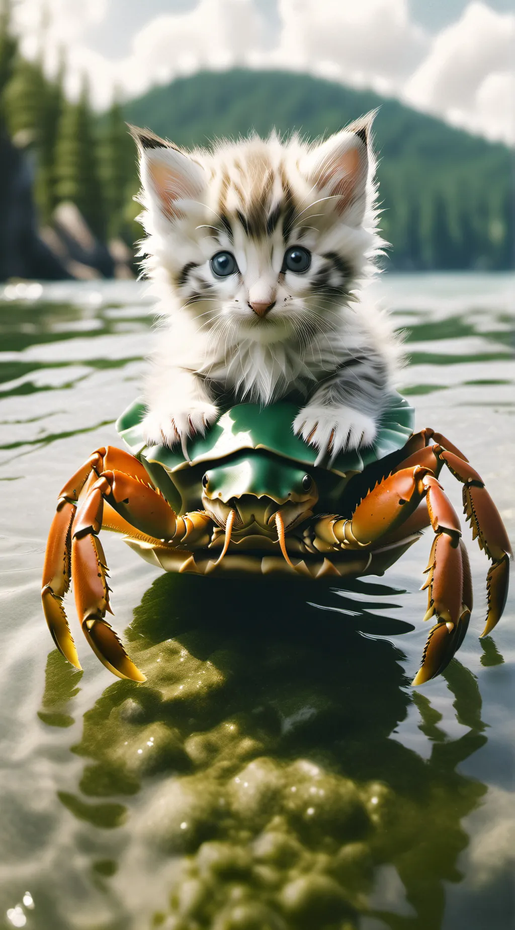 ai character: Kitten riding crab background