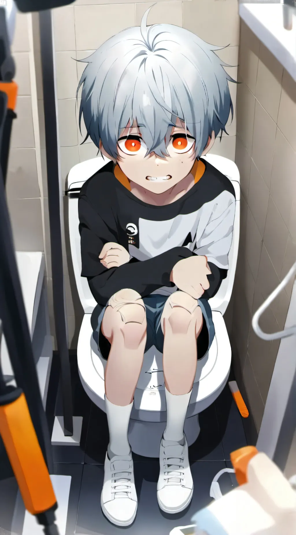 ai character: Bf  on toilet  background