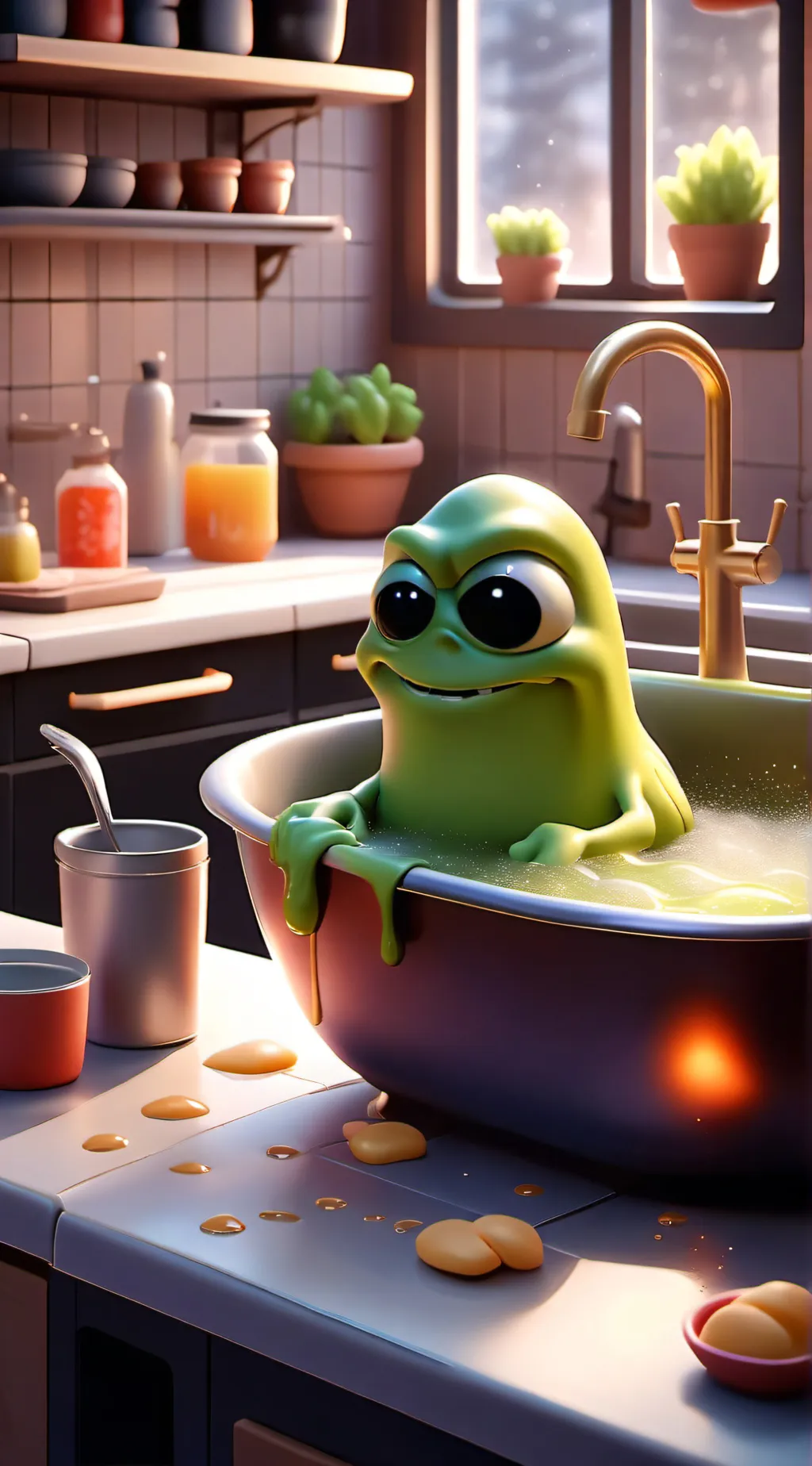 ai character: Dark slime bathtub background