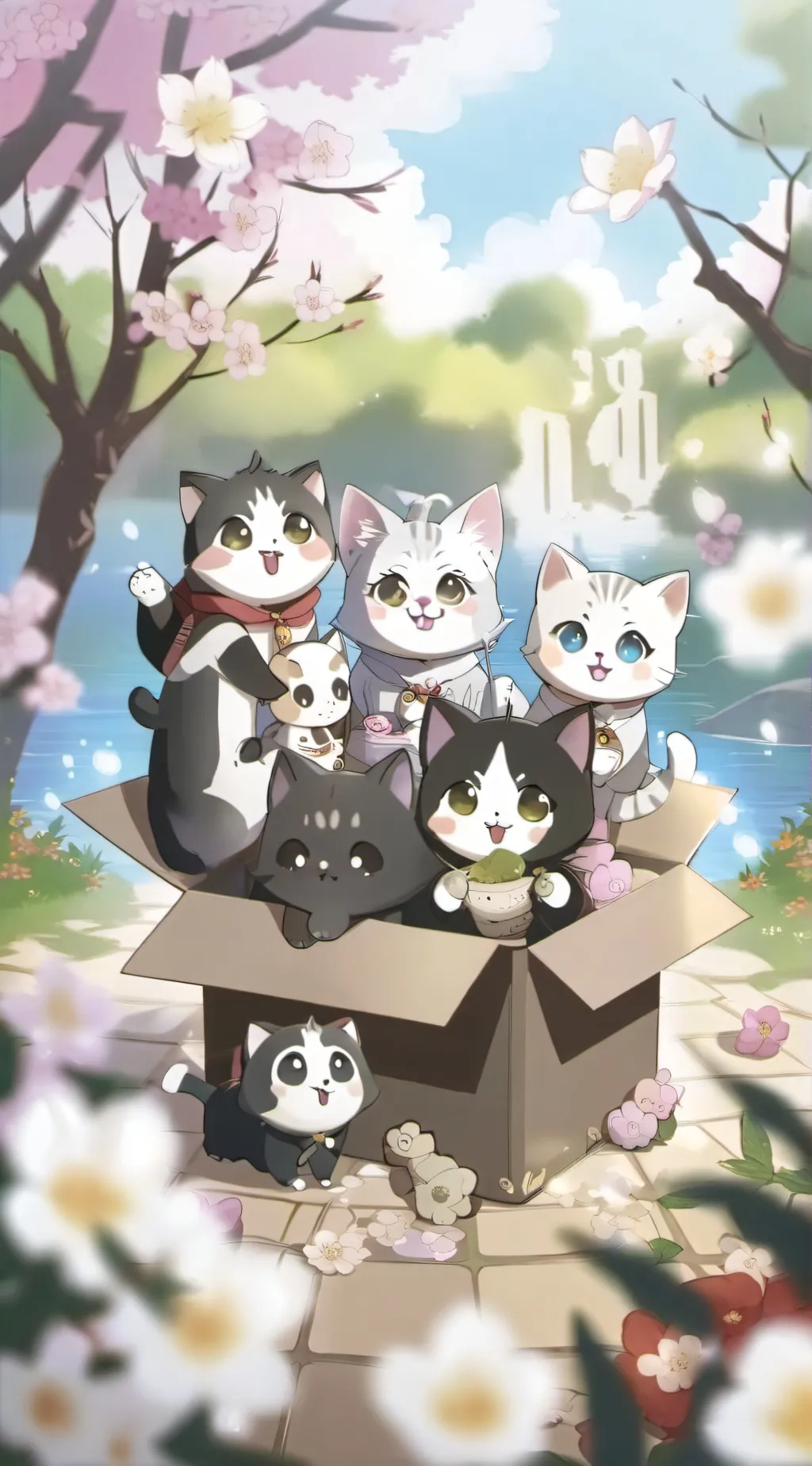 ai character: 5 cats in a box background