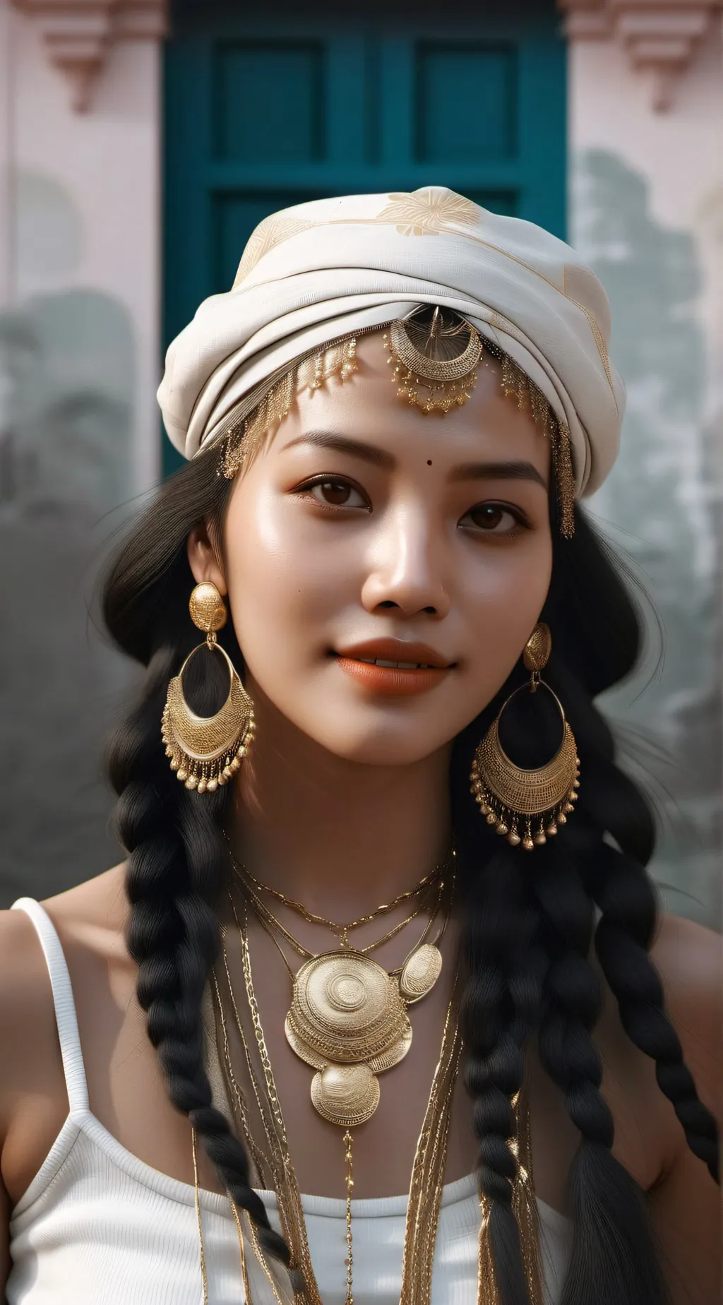 ai character: goddess of gold background