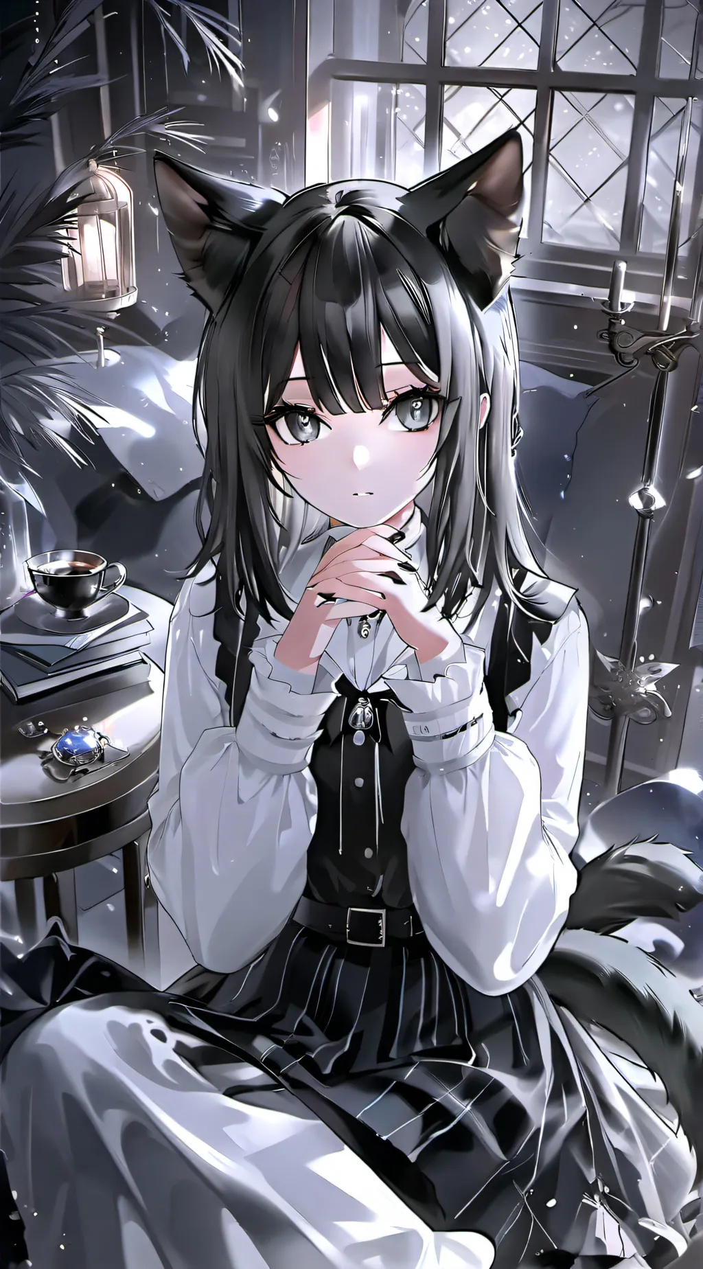 ai character: Black and White Pixie Spirit background