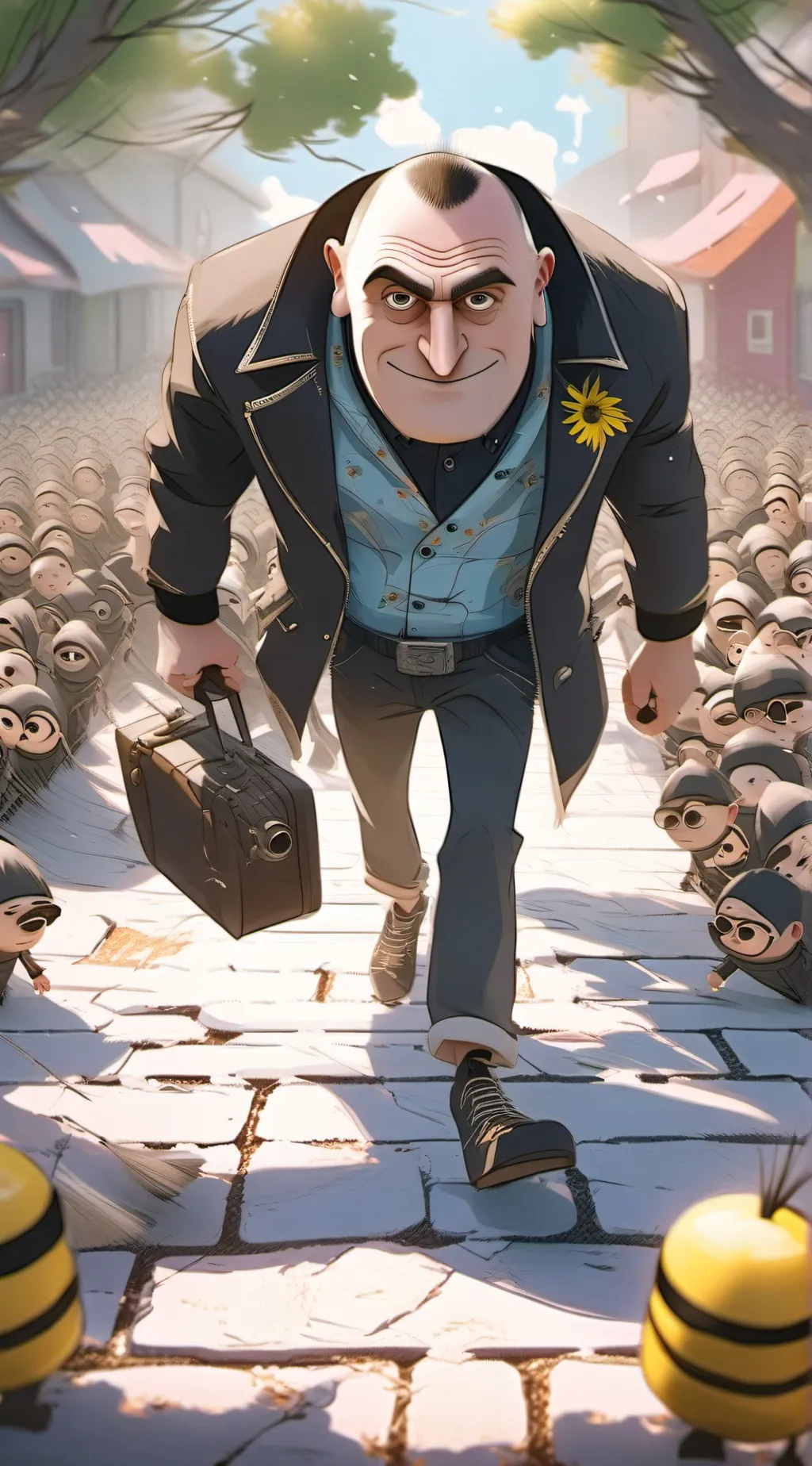 ai character: Gru and jr  background