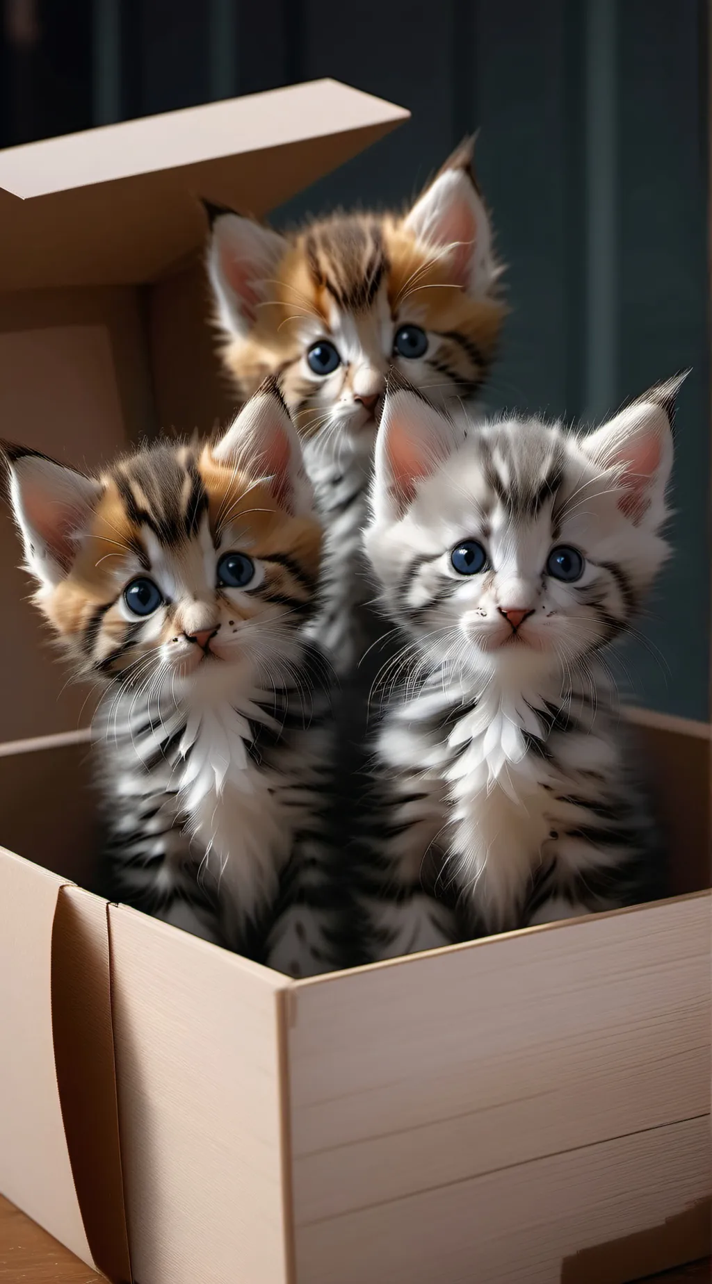 ai character: 3 kittens 1 box background