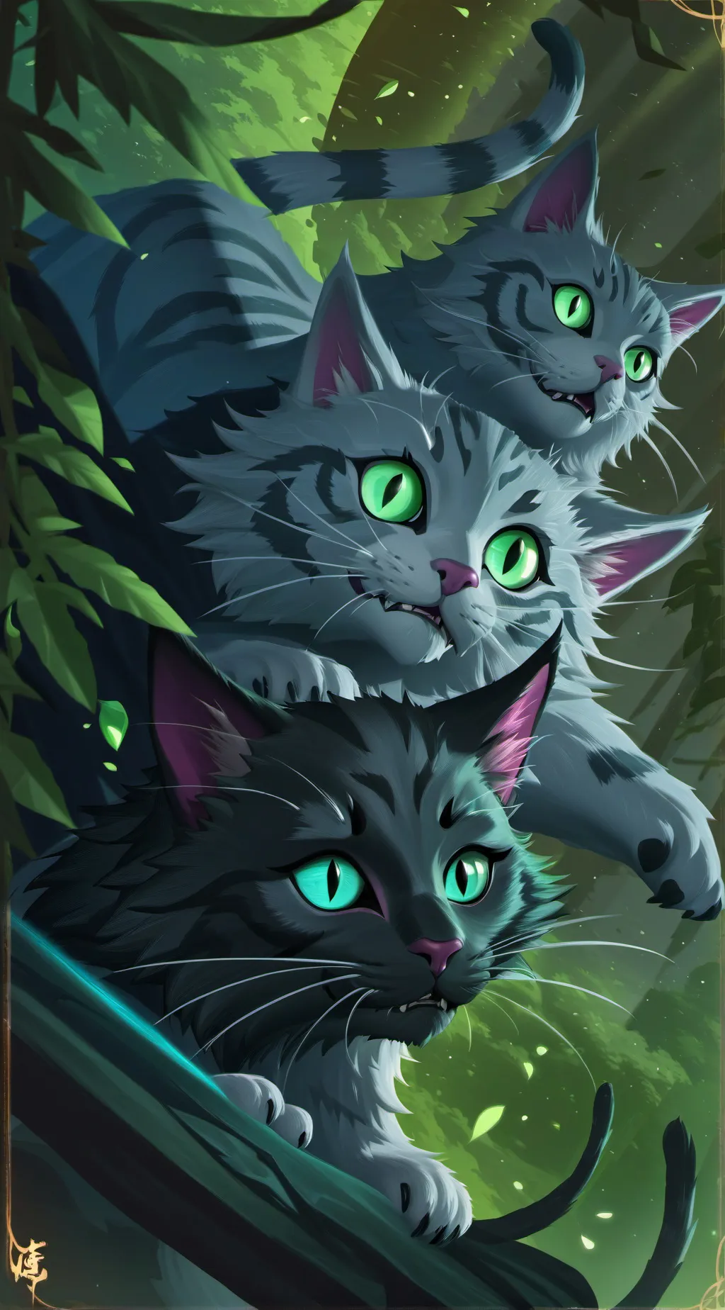 ai character: Three silver cats background