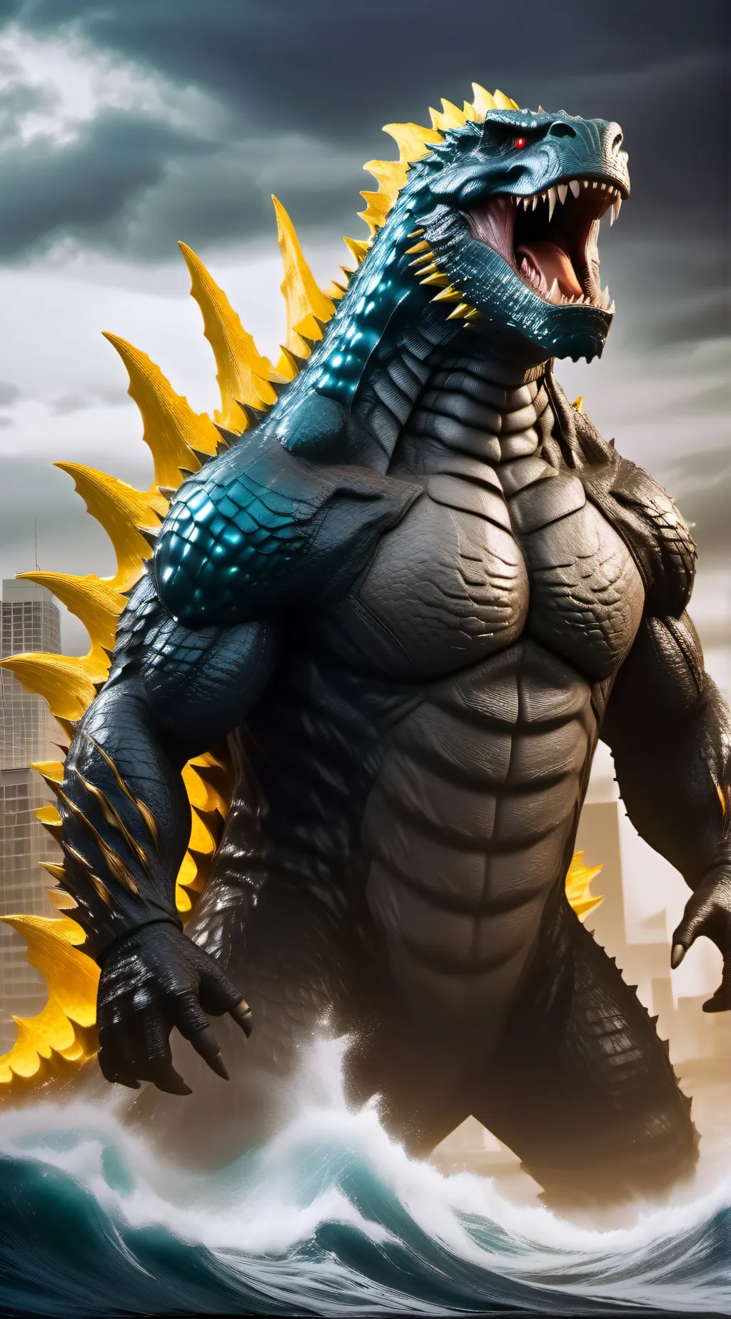 ai character: Godzilla  background