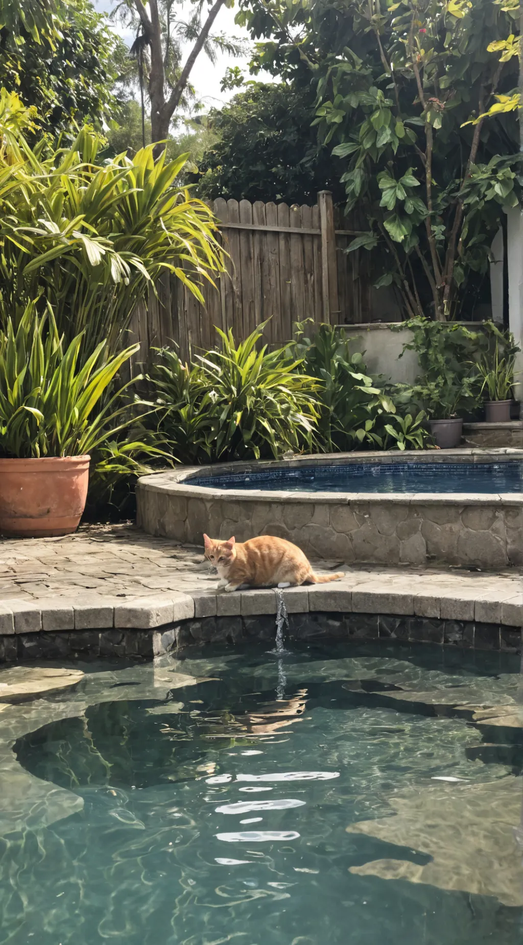 ai character: Cat peeing in pool background