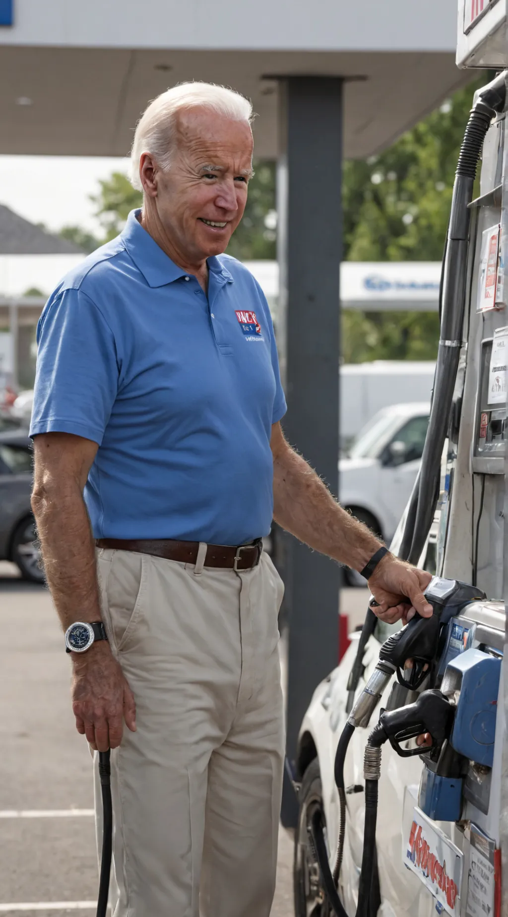 ai character: Biden+gas station  background