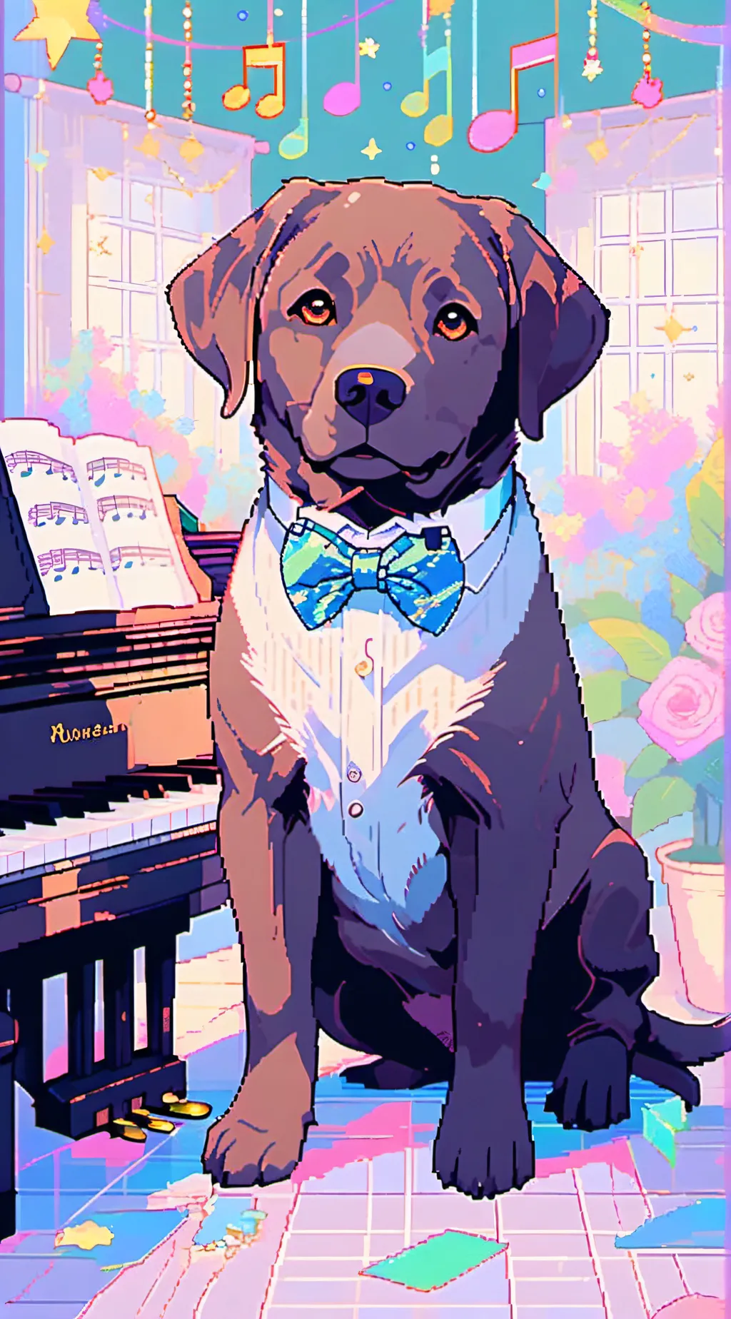 ai character: PianistPup Pixel background