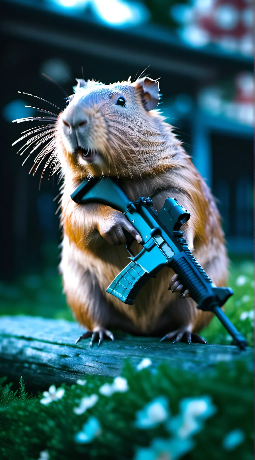 ai character: capybar with a gun background