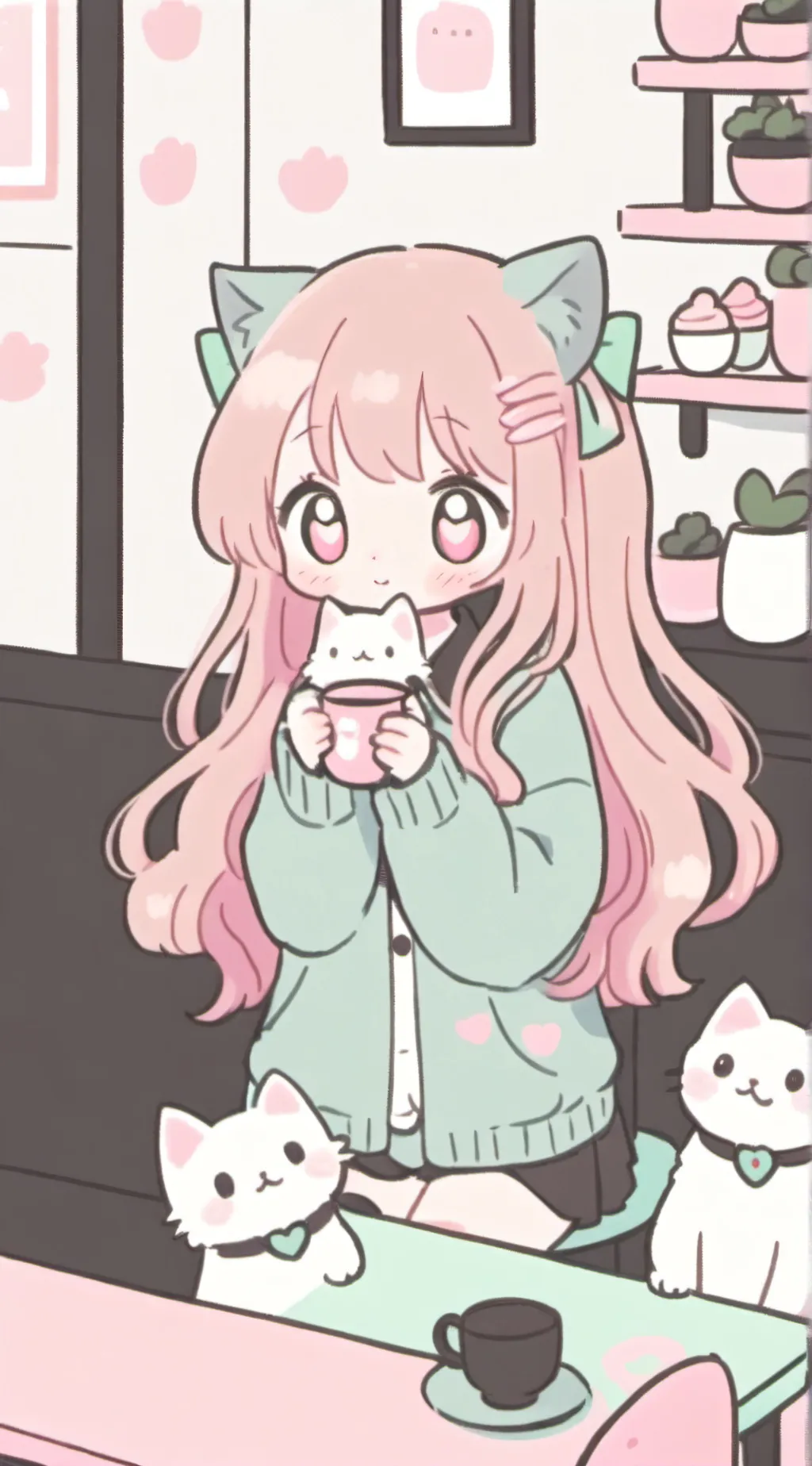 ai character: cat caféé~ background
