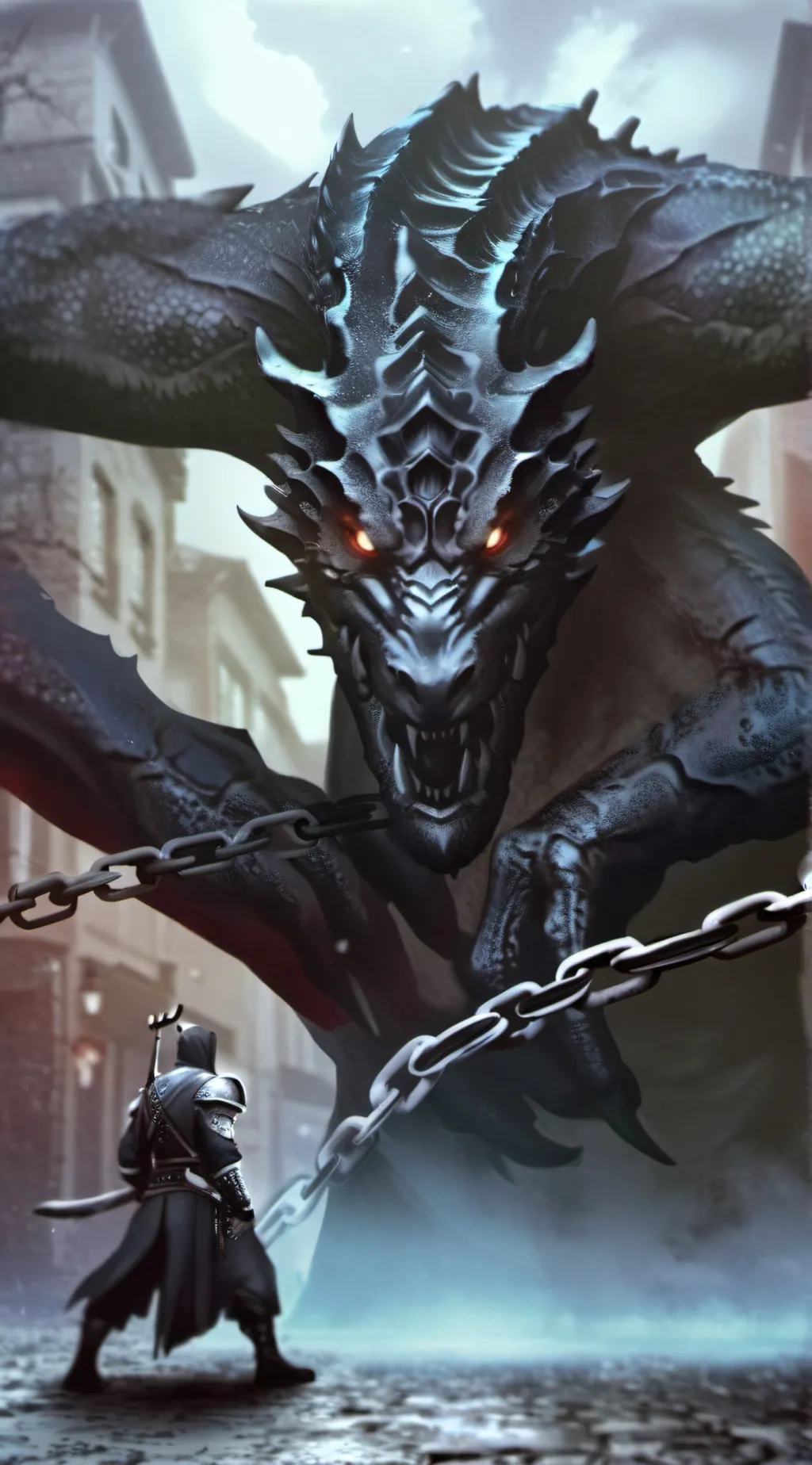 ai character: chained up dragon background