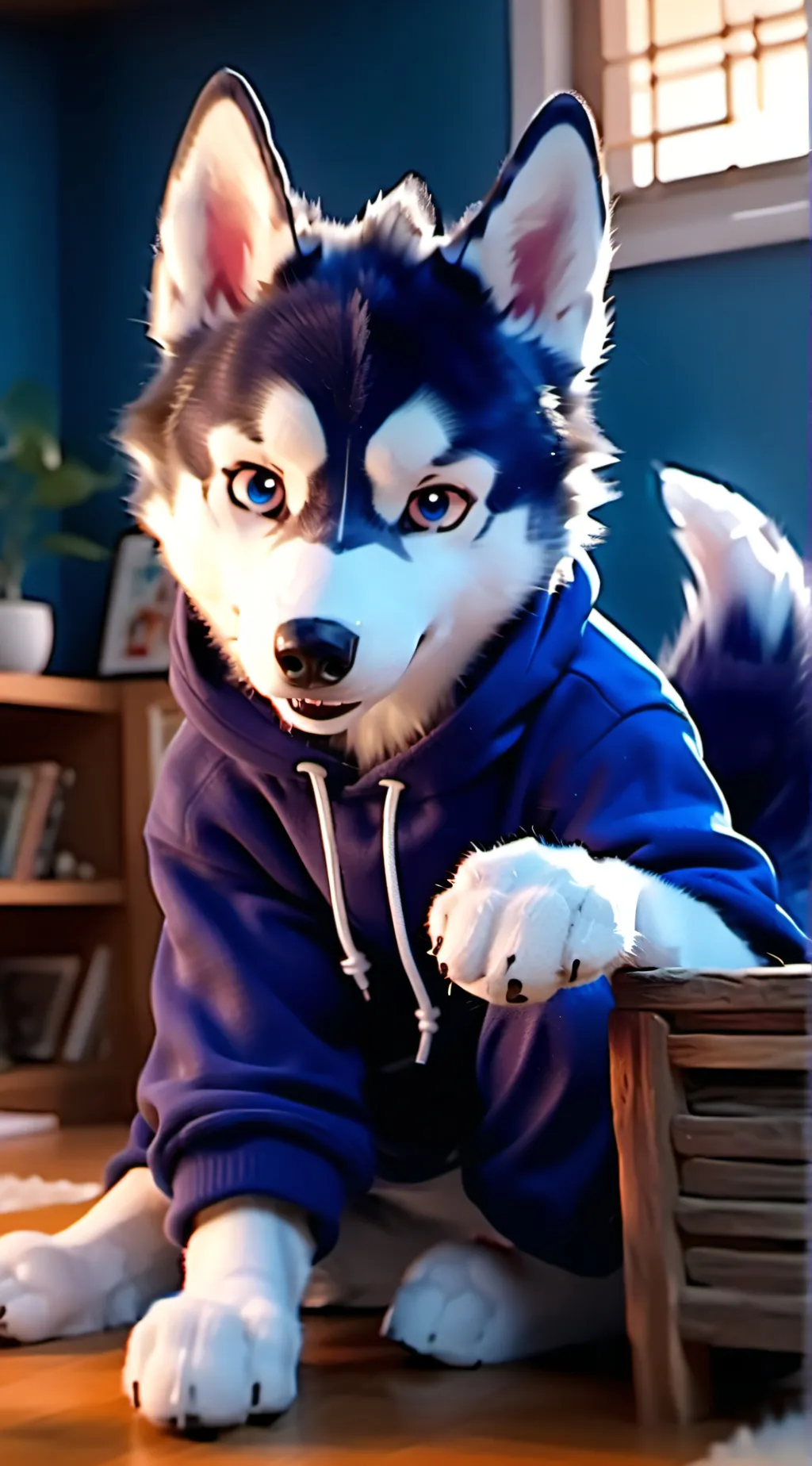ai character: Patchwork Husky Spirit background