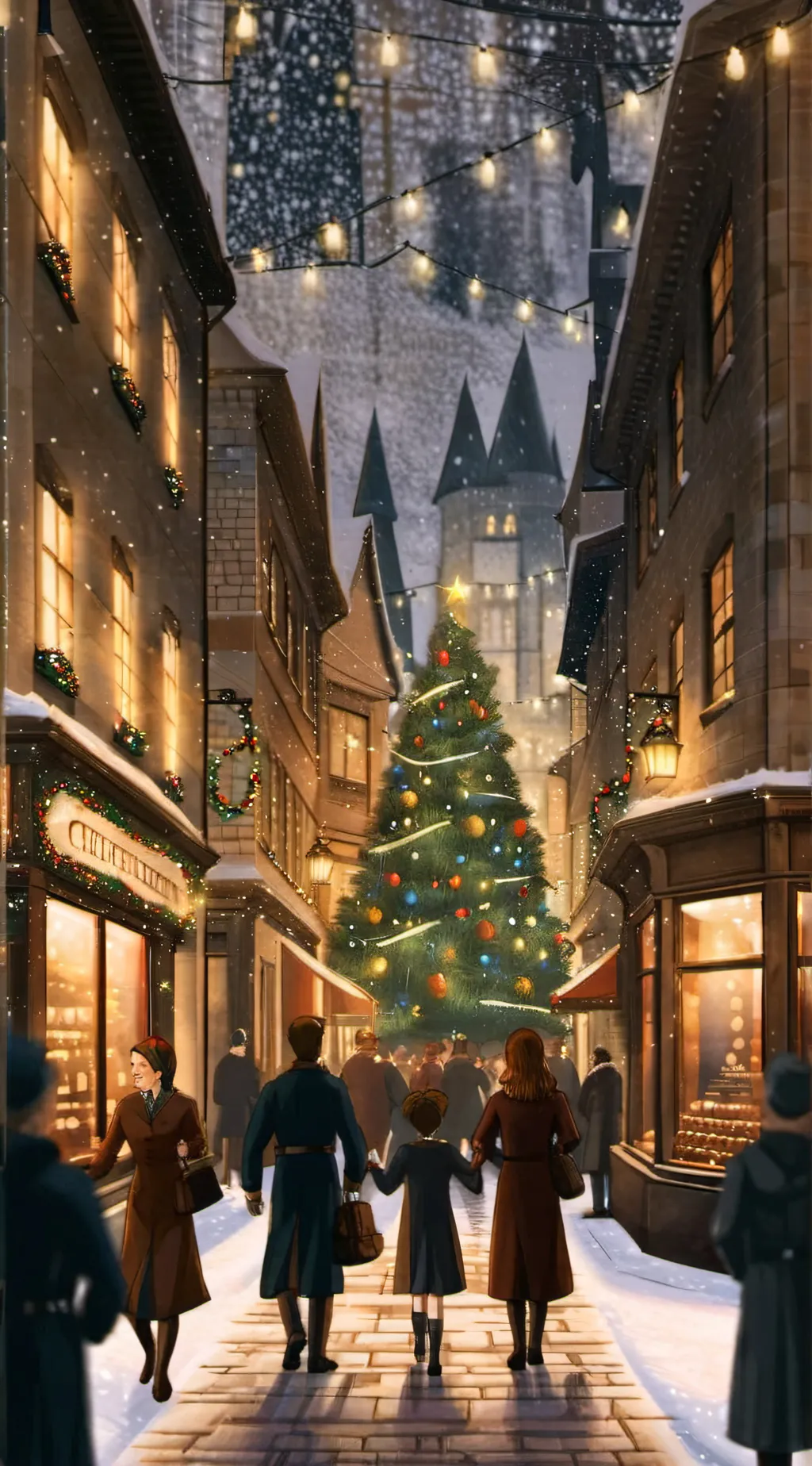 ai character: Christmas hogwarts background