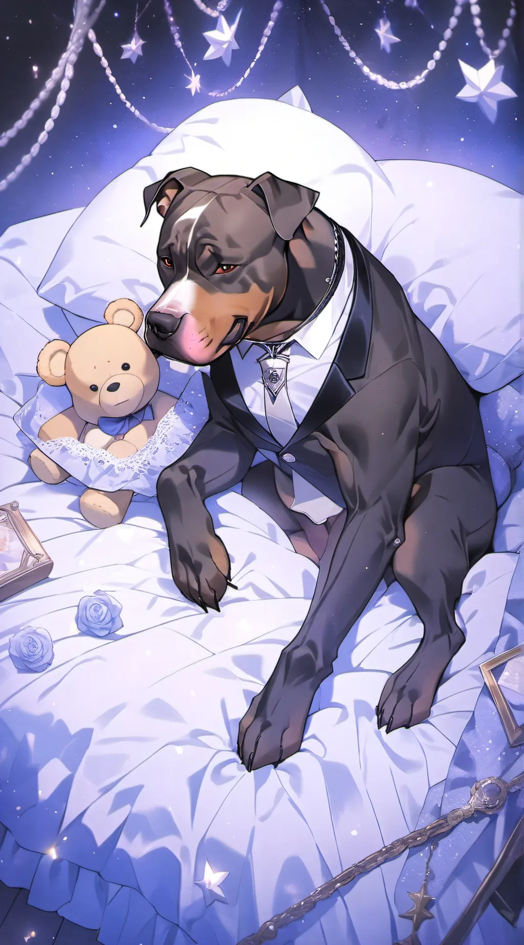 ai character: dog and a teddy  background