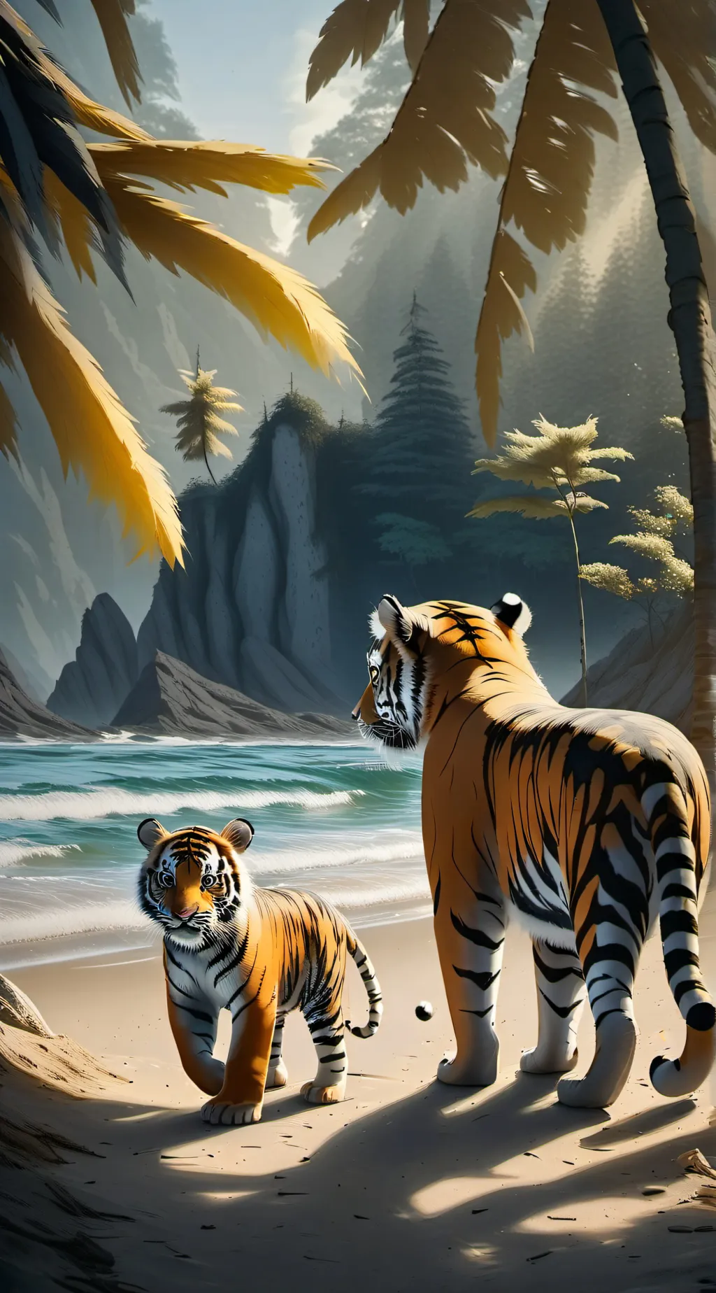 ai character: Tiger beach day  background
