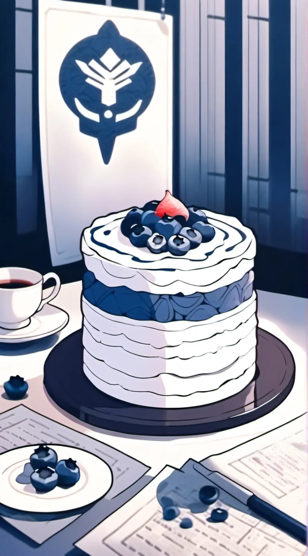 ai character: Blueberry cake background