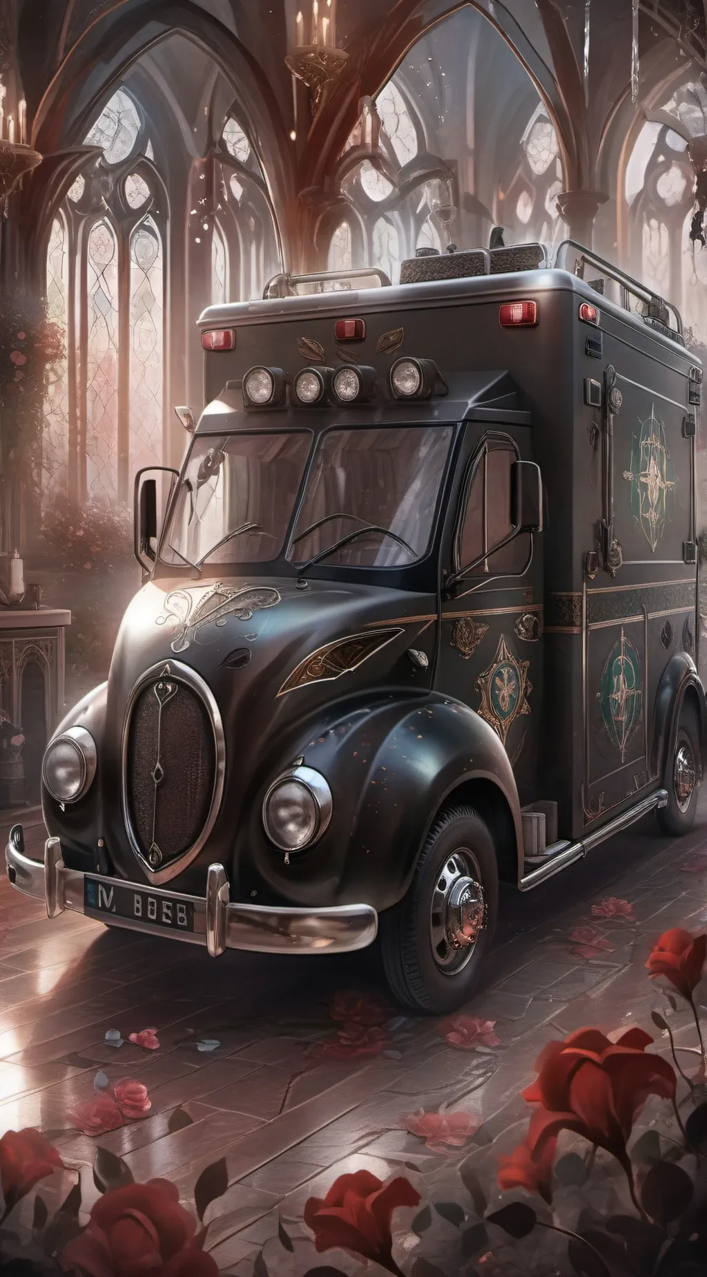 ai character: BLACK AMBULANCE  background