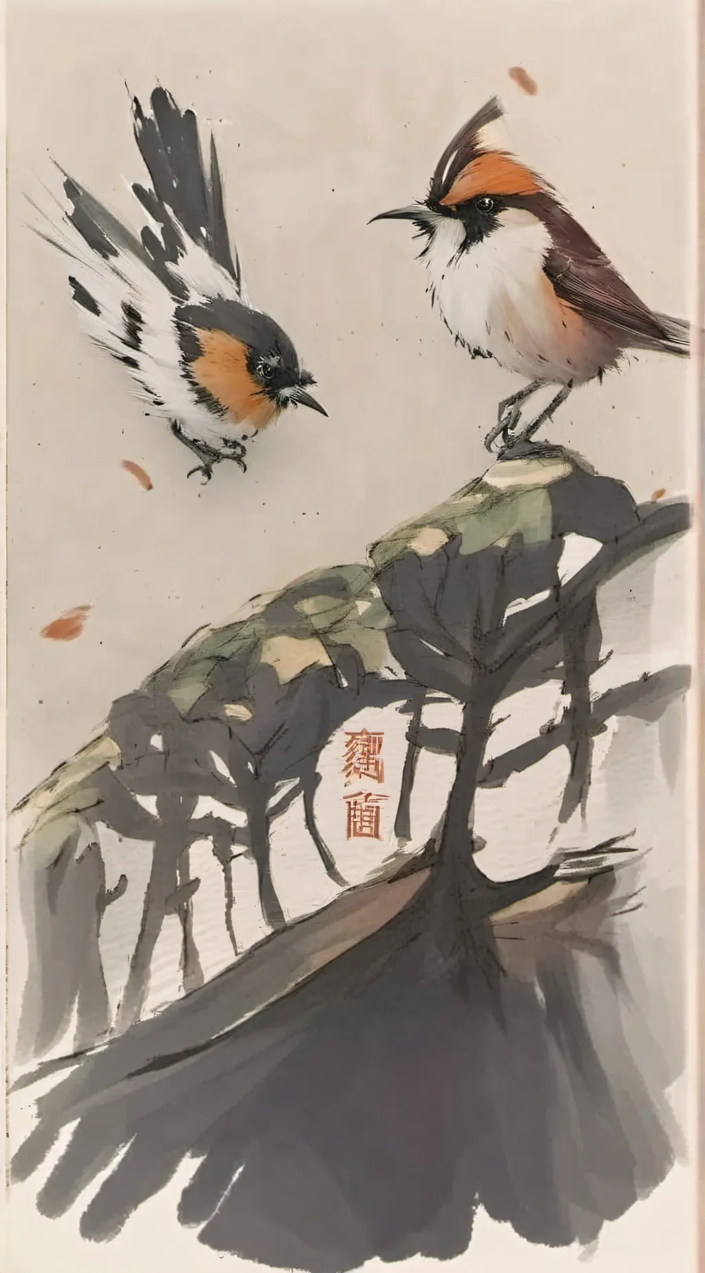 ai character: two birds on a wir background