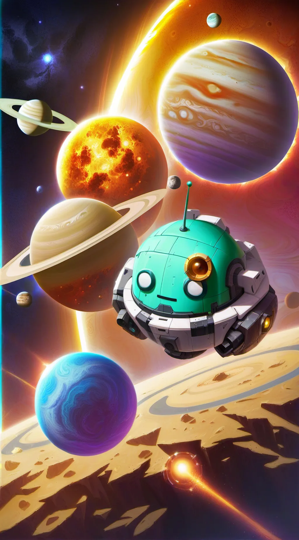 ai character: solar balls background