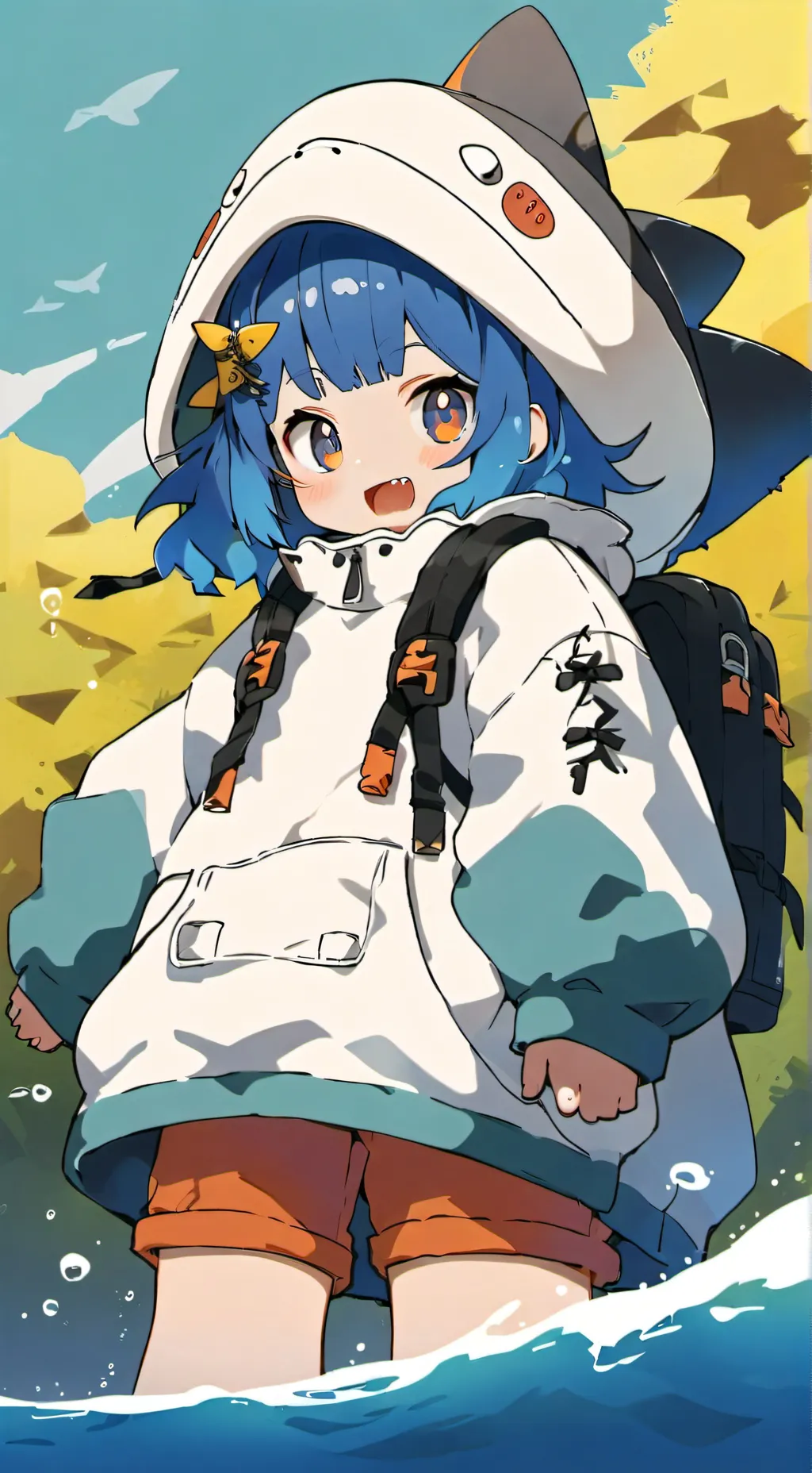 ai character: Blahaj-Chan  background