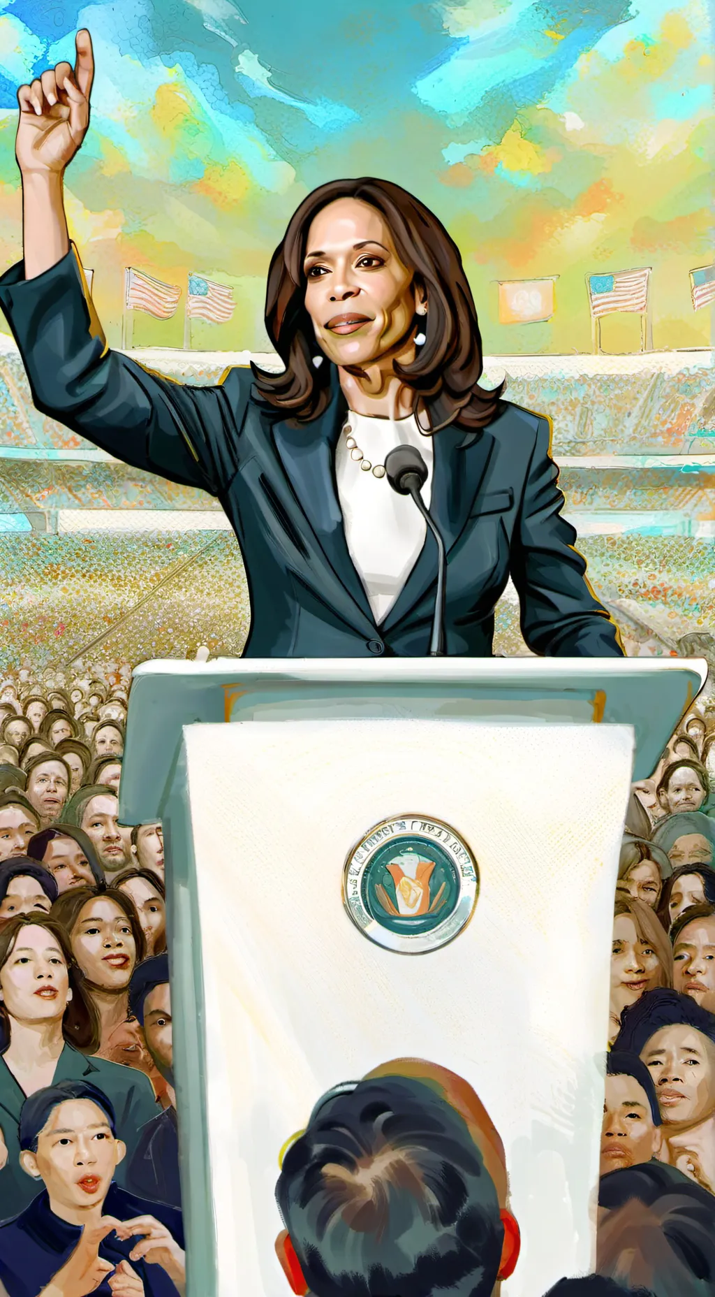 ai character: kamala rally background