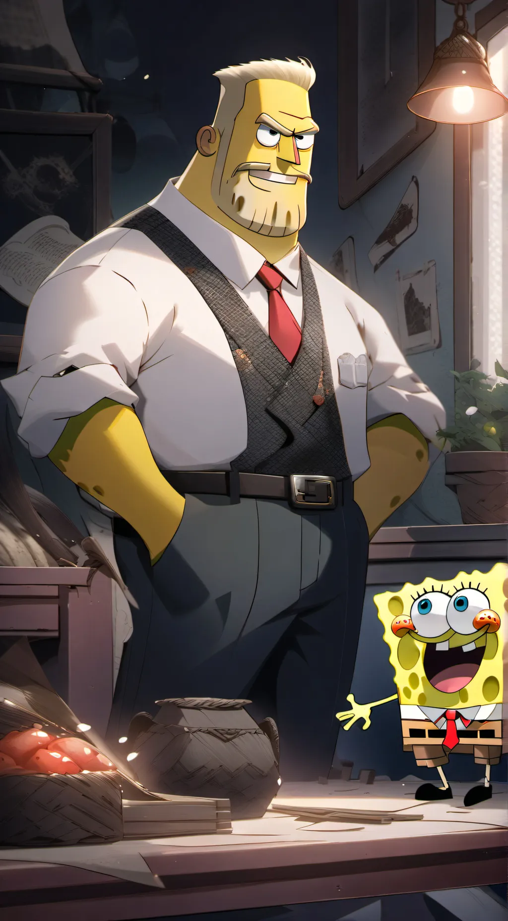ai character: buff SpongeBob  background