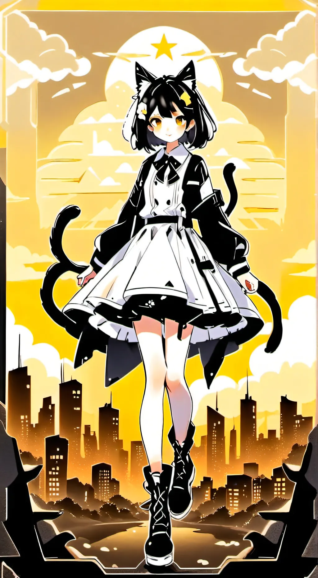 ai character: Giant cat girl  background