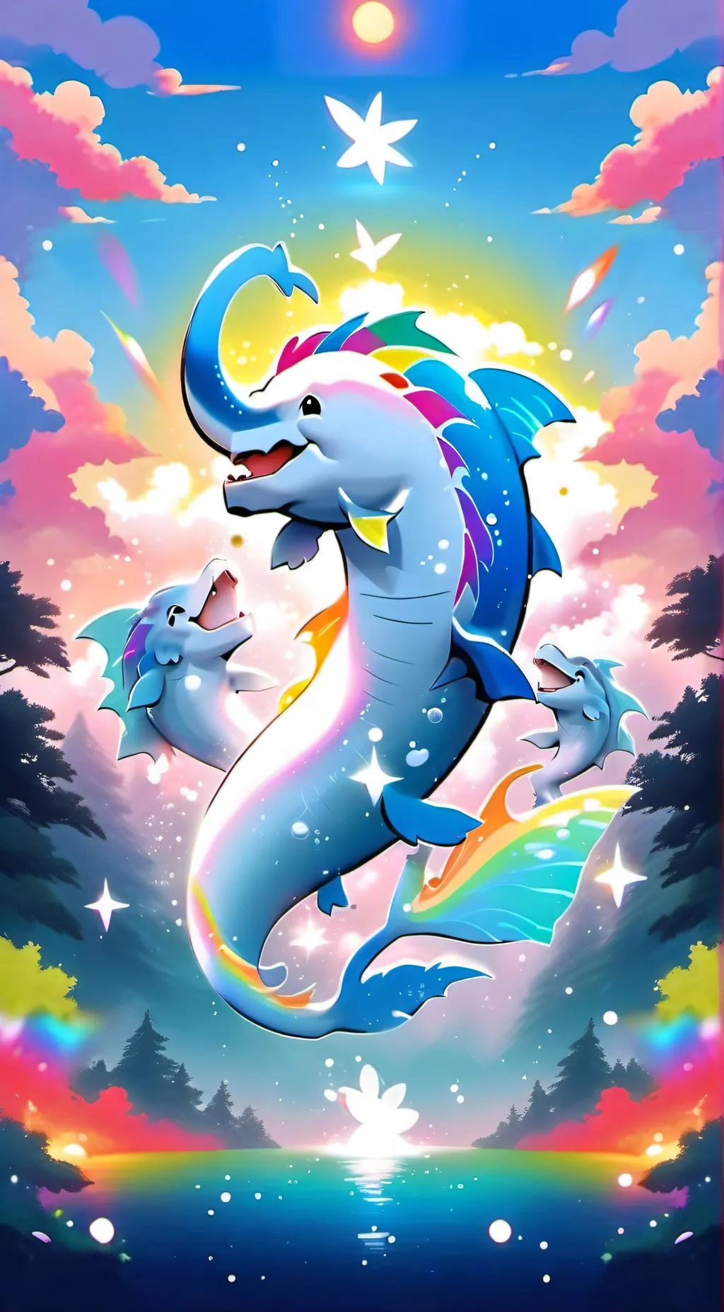 ai character: 🐬✨️🐬✨️✨️✨️✨️🐬🌈🌈🌈🌈🌈 background
