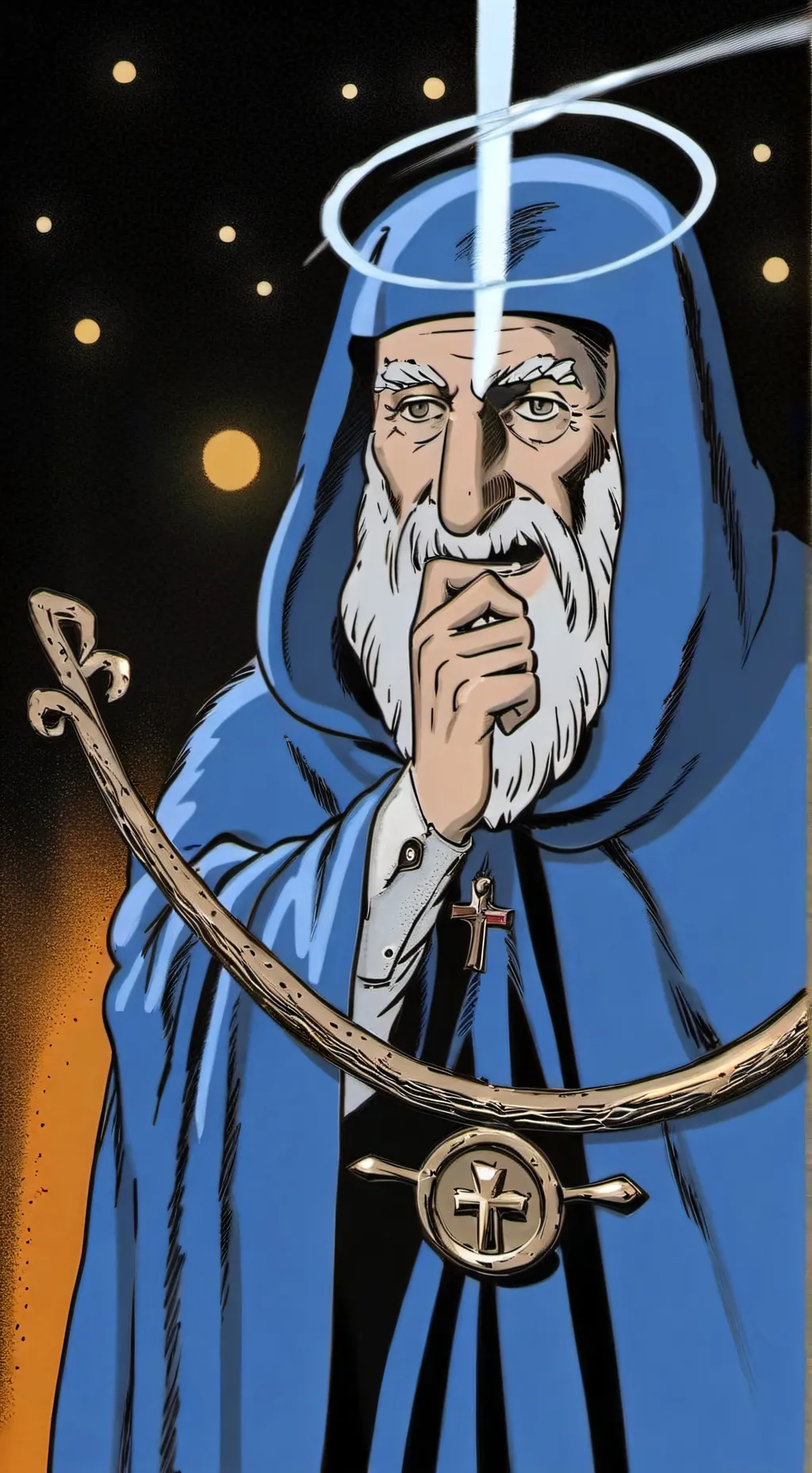 ai character: holy water seller background