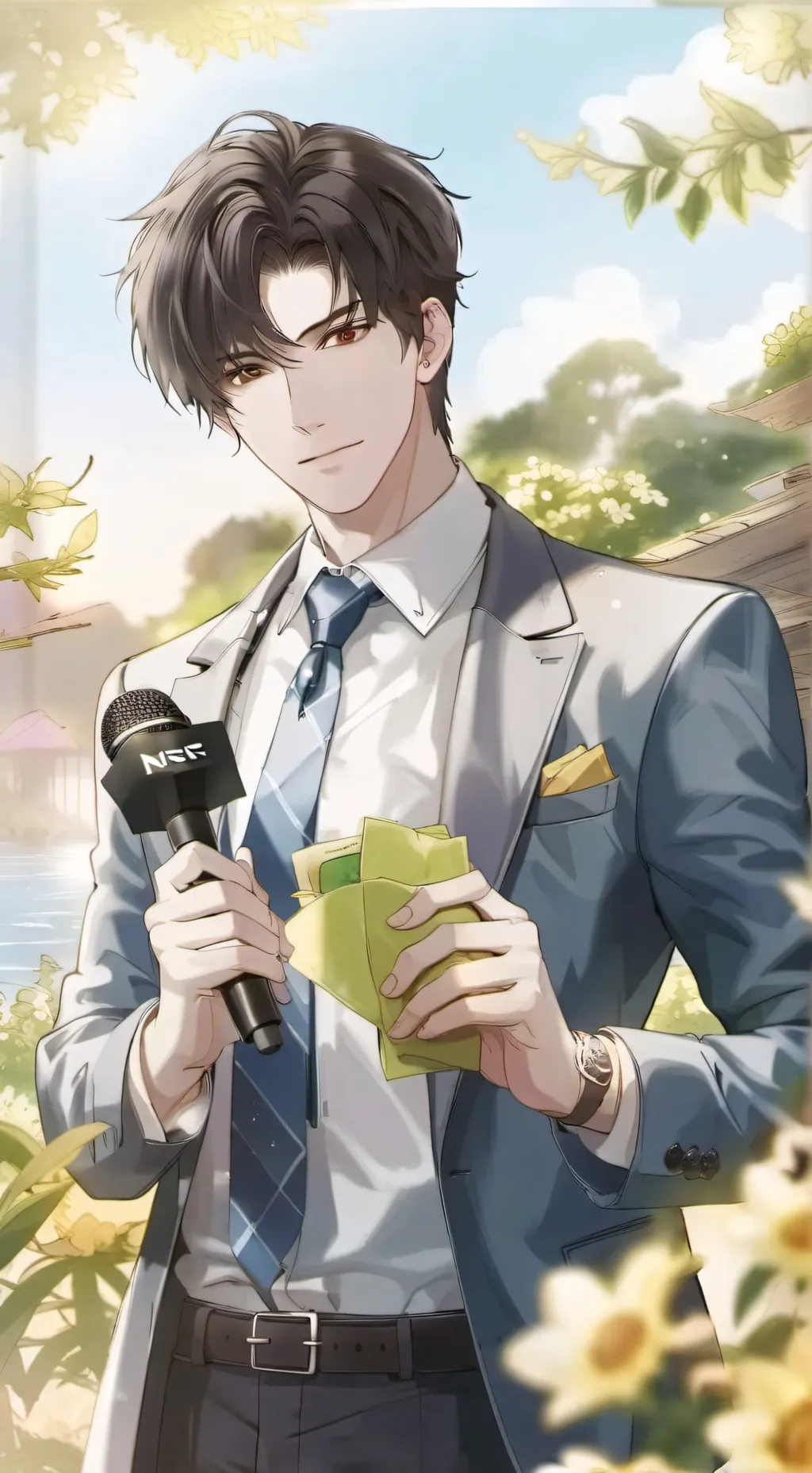 ai character: news reporter  background