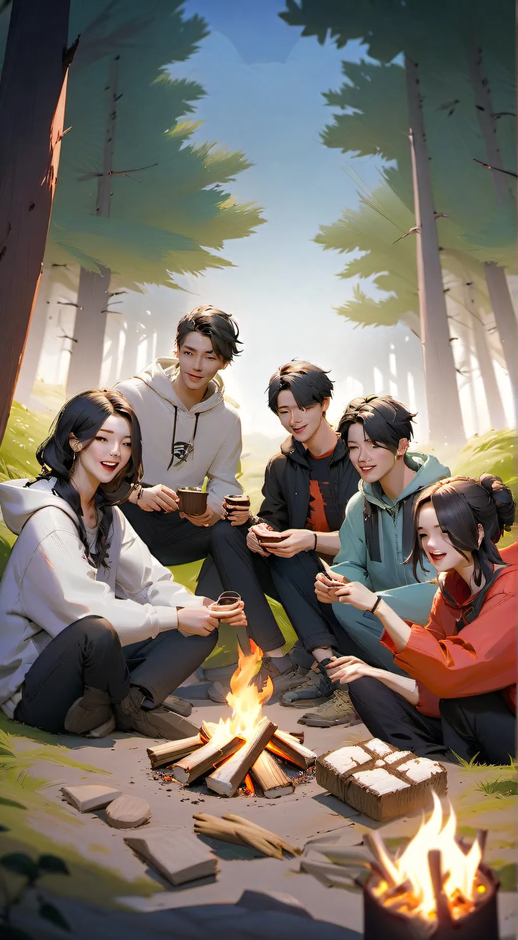 ai character: Friends camping background