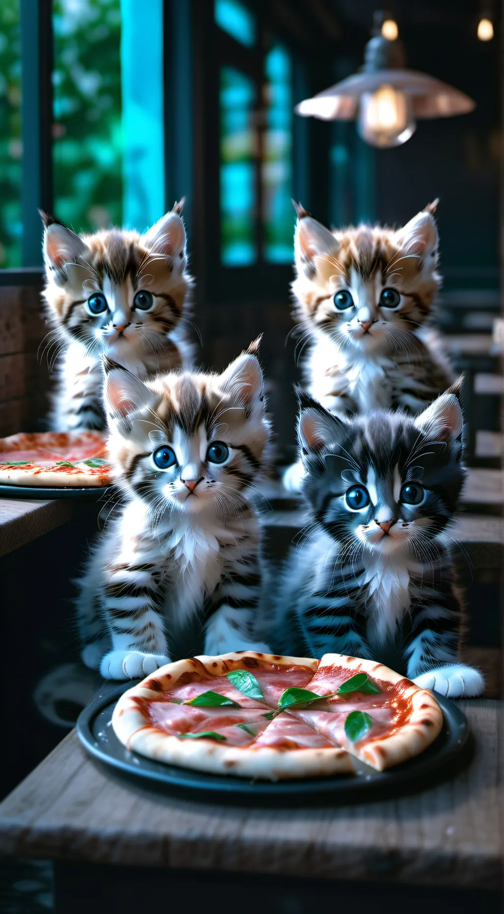 ai character: 4 gatitos en pizza background