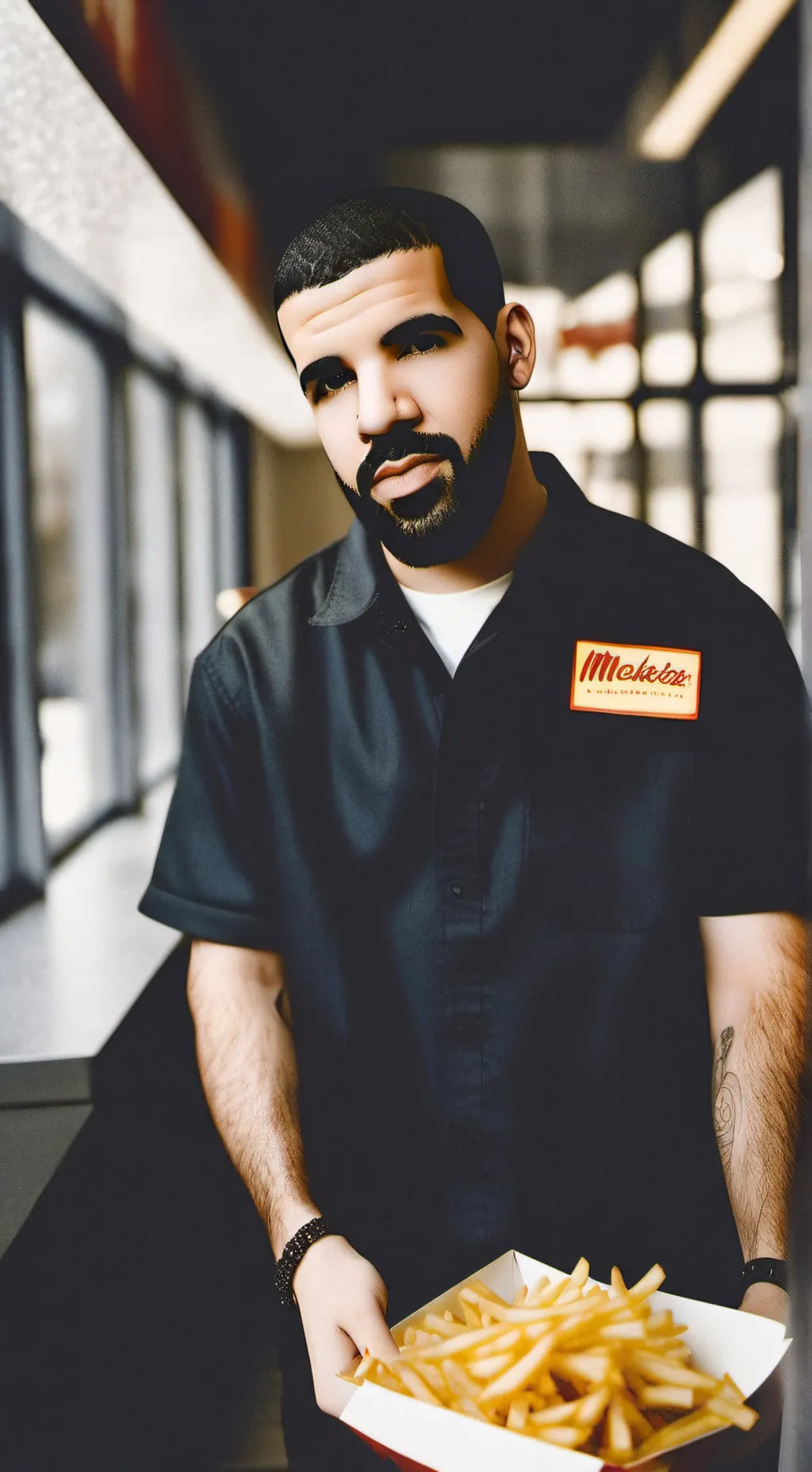 ai character: Drake at McDonalds background