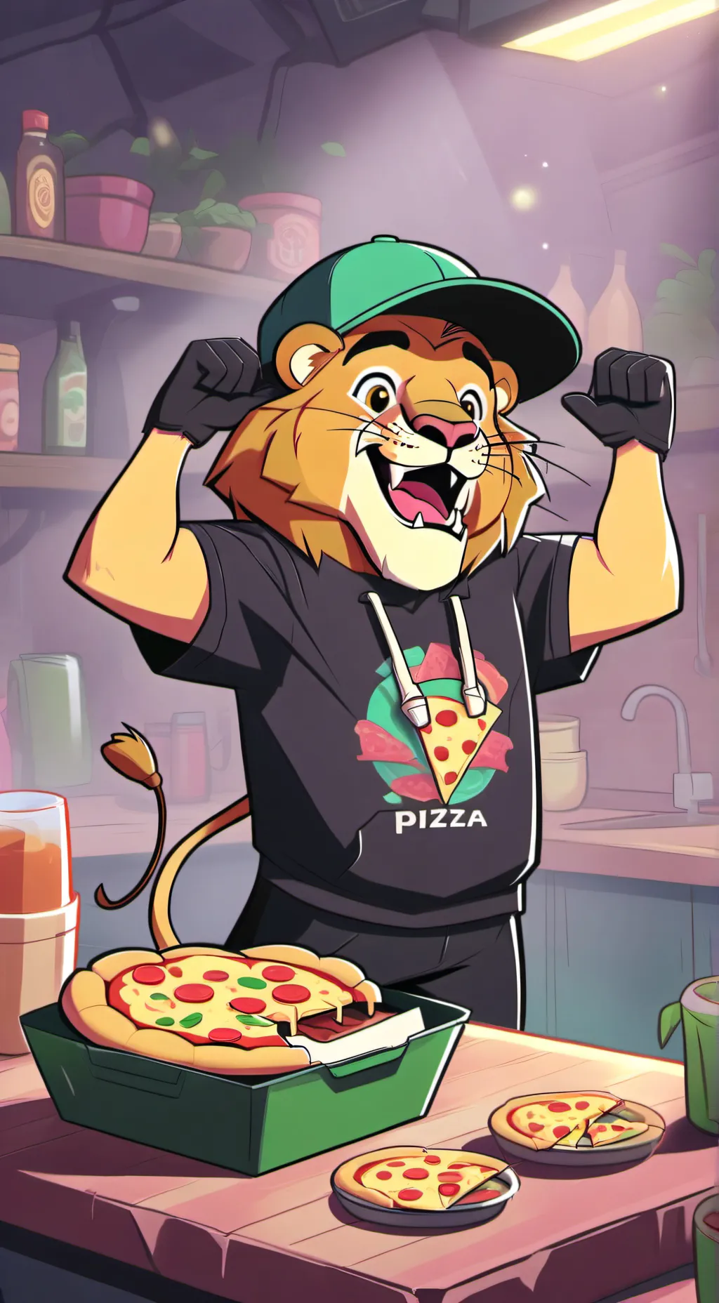 ai character: 🍕Pizza lion🦁 background