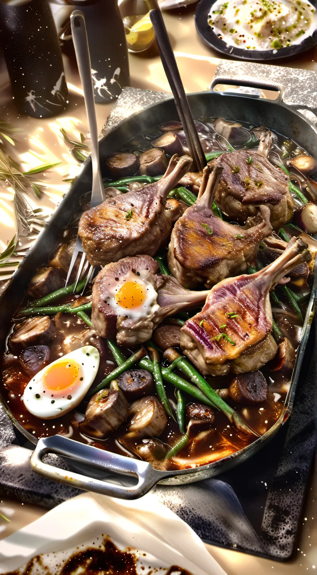 ai character: steak and eggs background