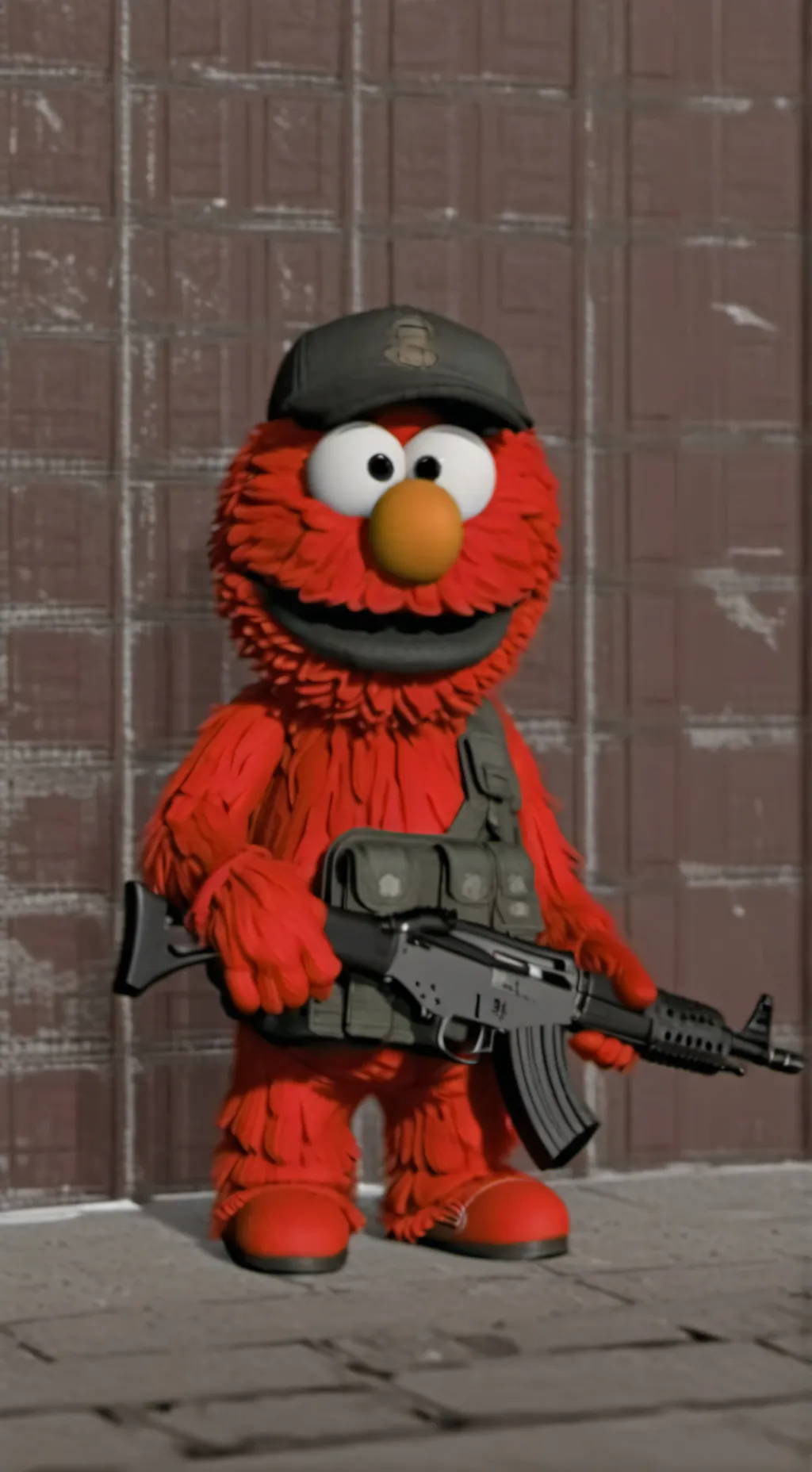 ai character: Elmo with an AK-47 background