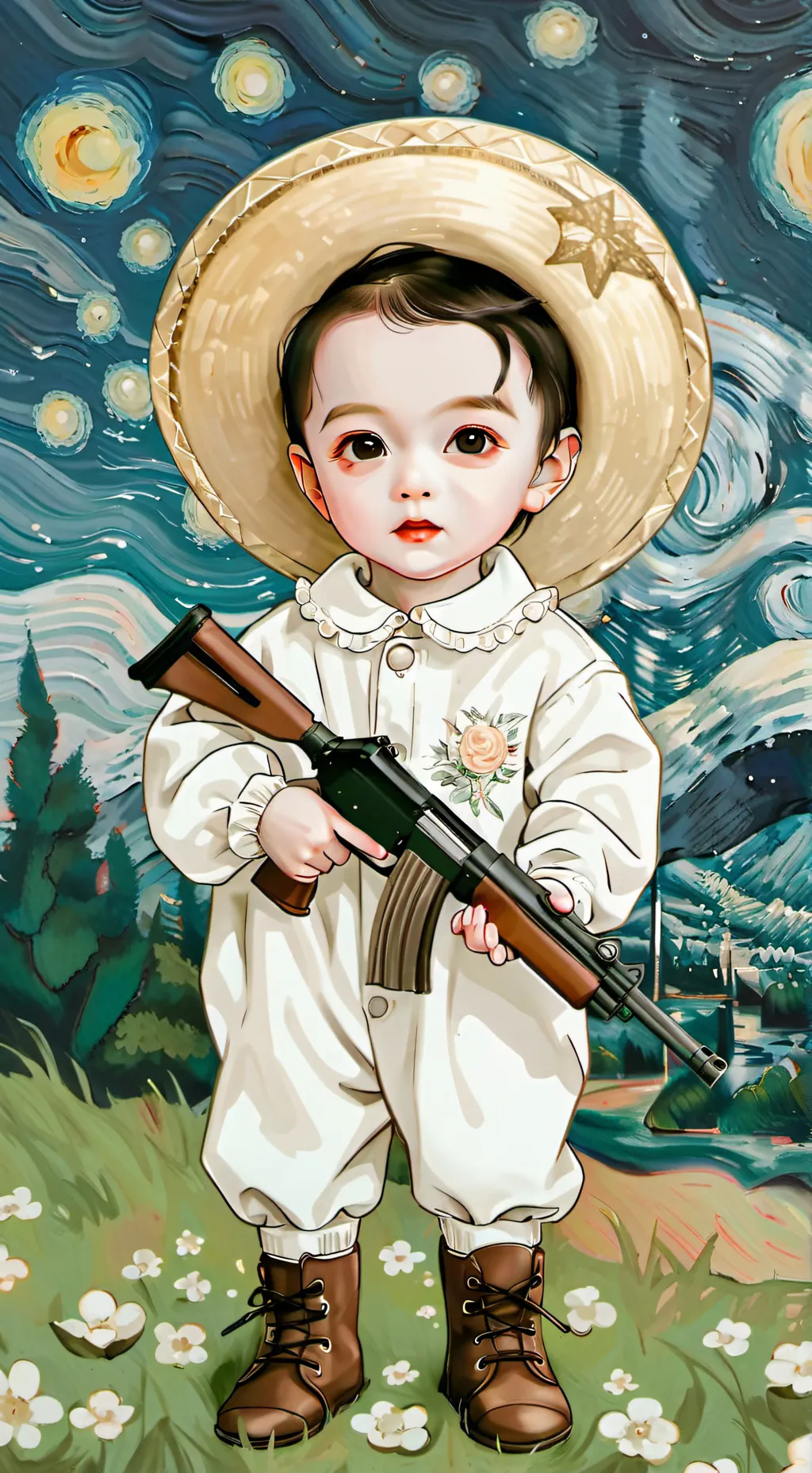 ai character: baby whit a gun background