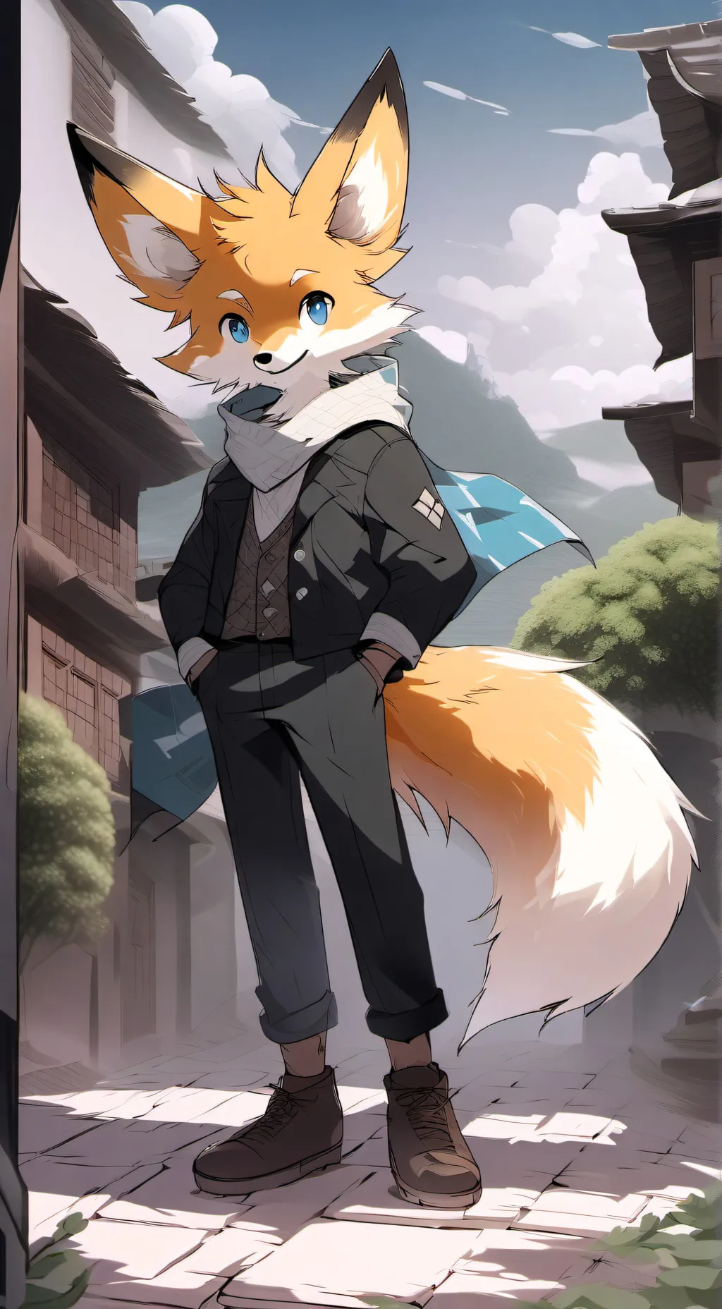 ai character: Tails 🤎🩵🩶🖤💛👑 background