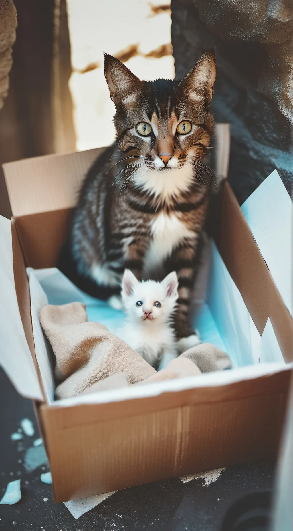 ai character: Mama cat and kitty background