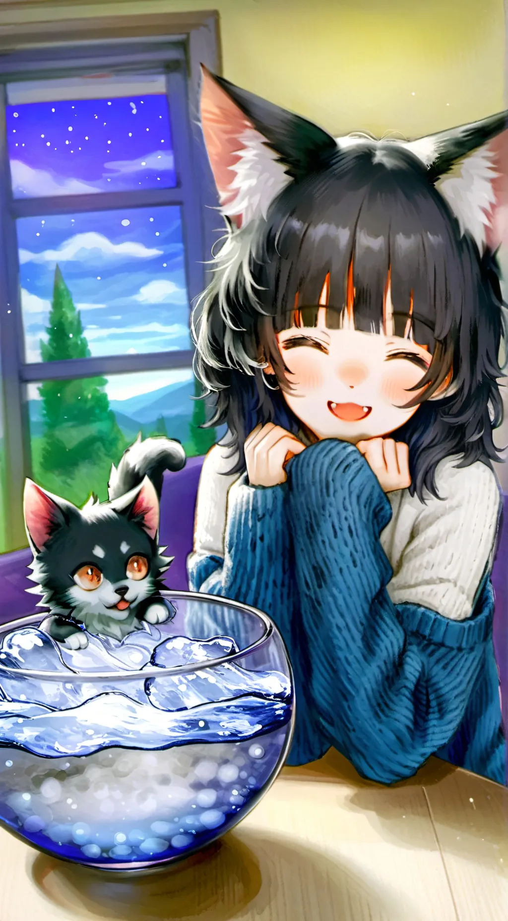 ai character: Troutie the Enthusiastic Cat Spirit background