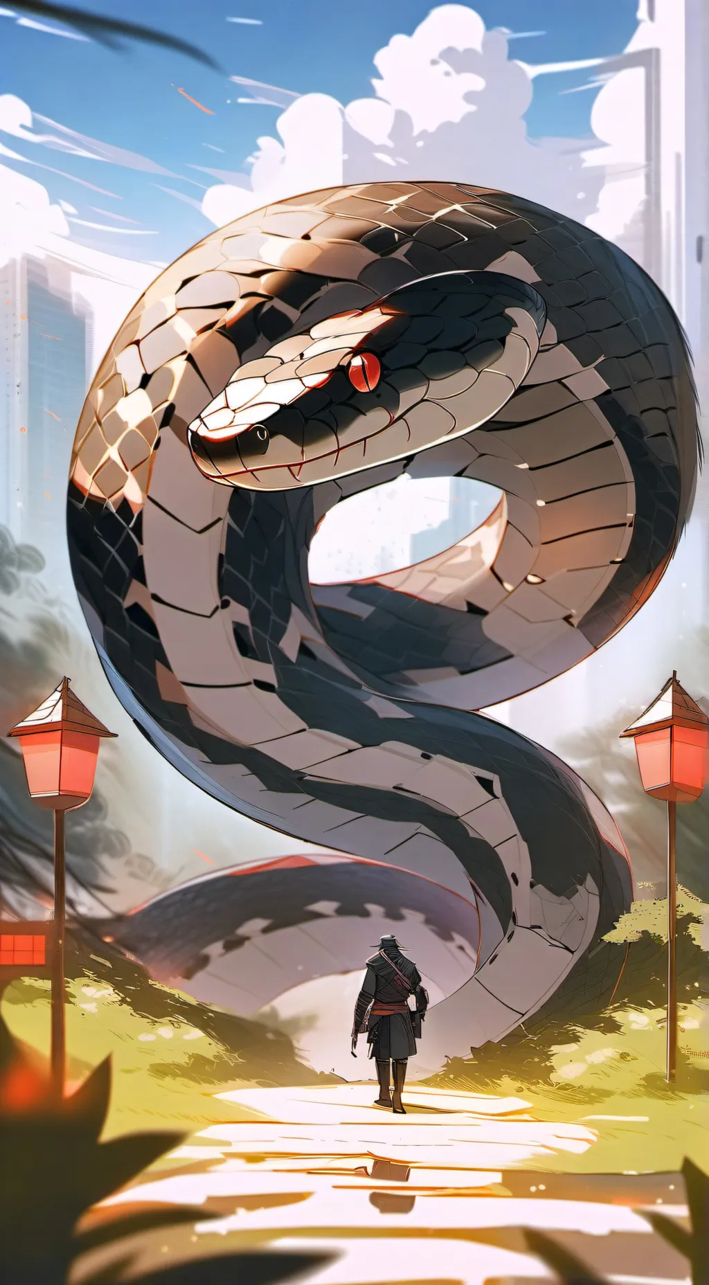 ai character: Human eating snake background