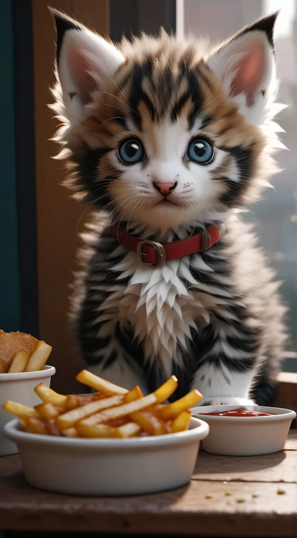 ai character: Kitten steal fries background