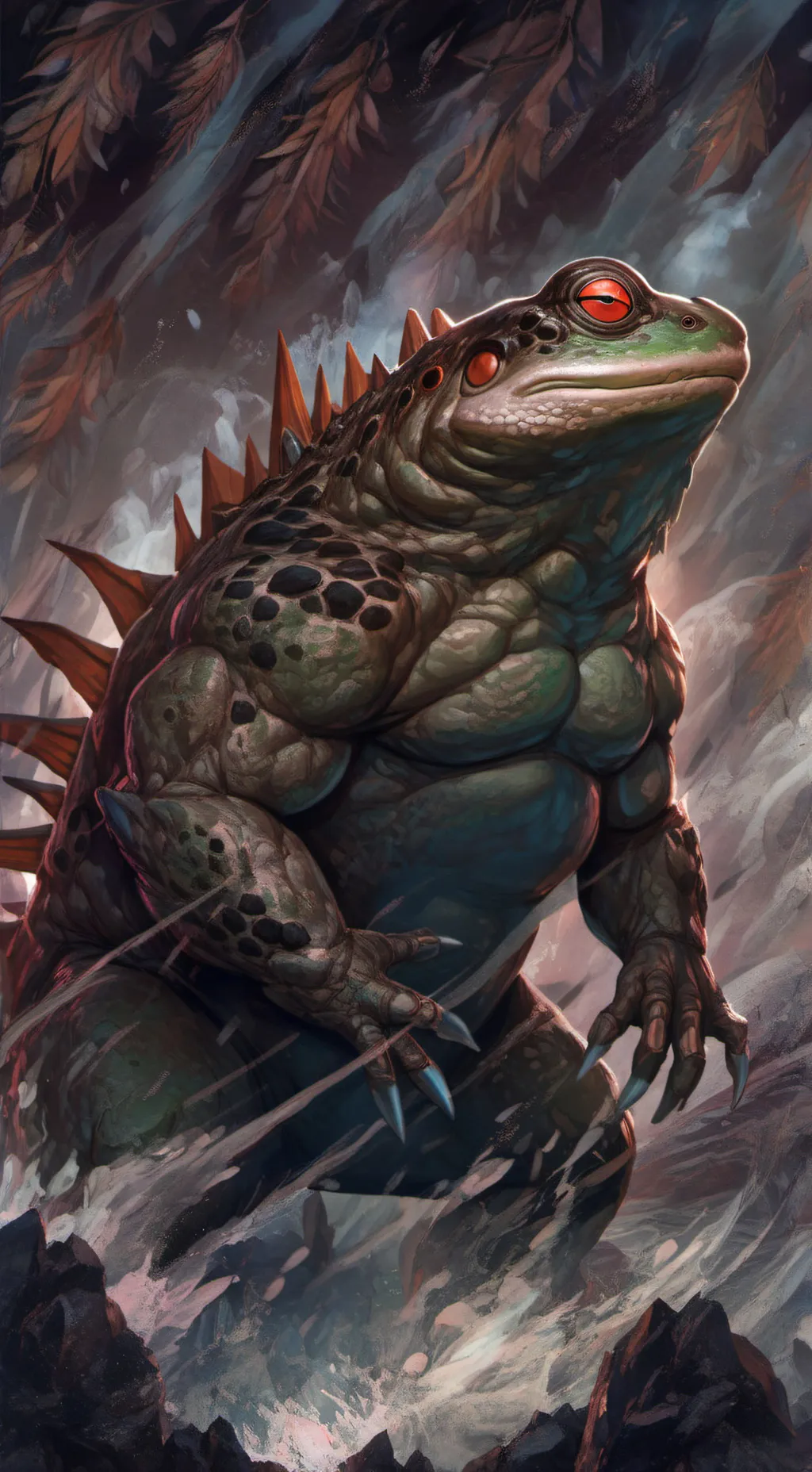 ai character: Frog-Zilla  background