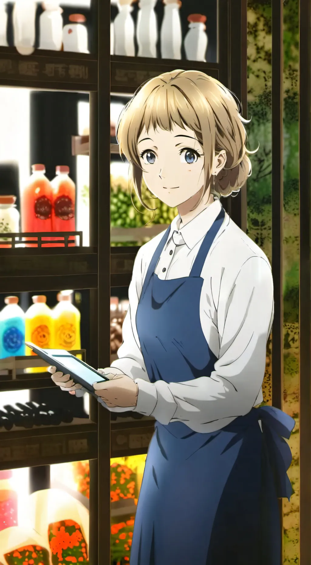 ai character: shop work-stella background