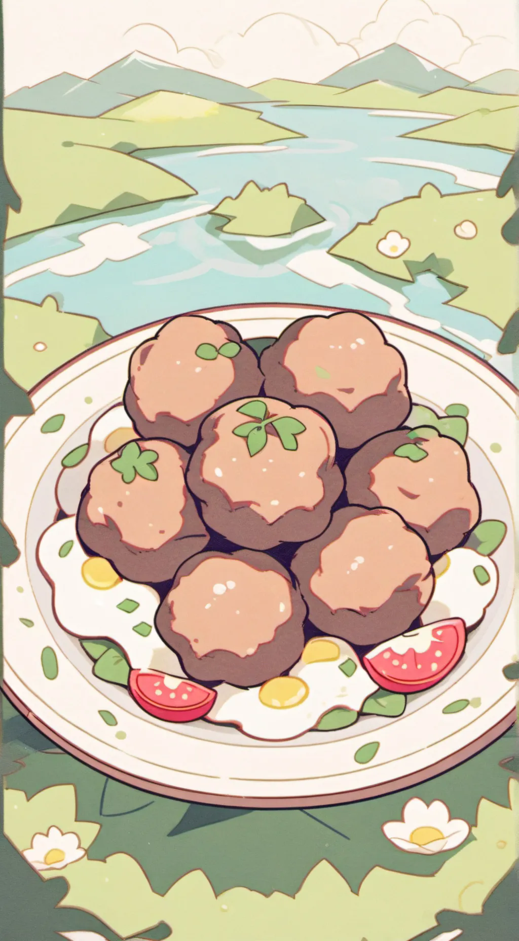ai character: Meatballs with egg background